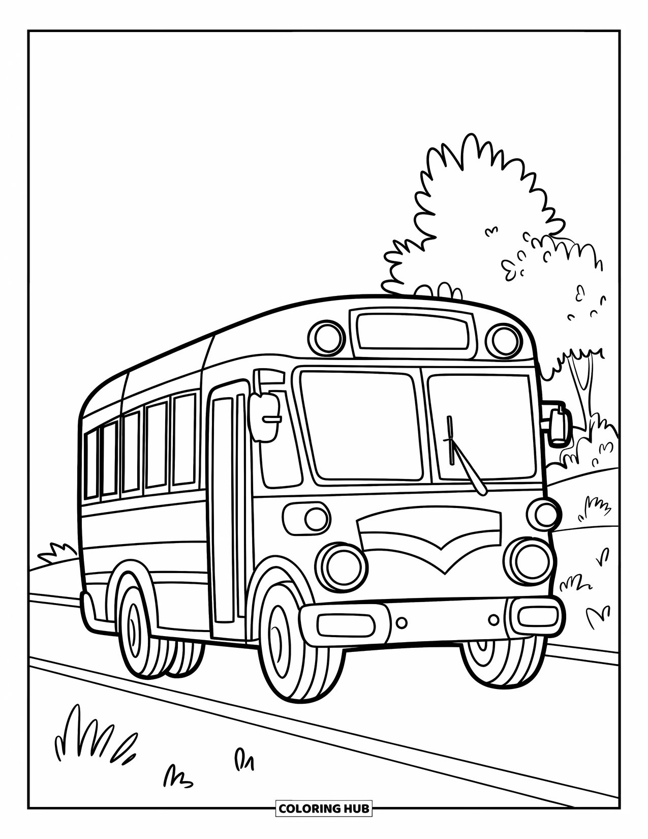 Desen de colorat cu mijloace de transport pentru copii: Autobuz simplu cu roți groase care trece pe lângă un copac