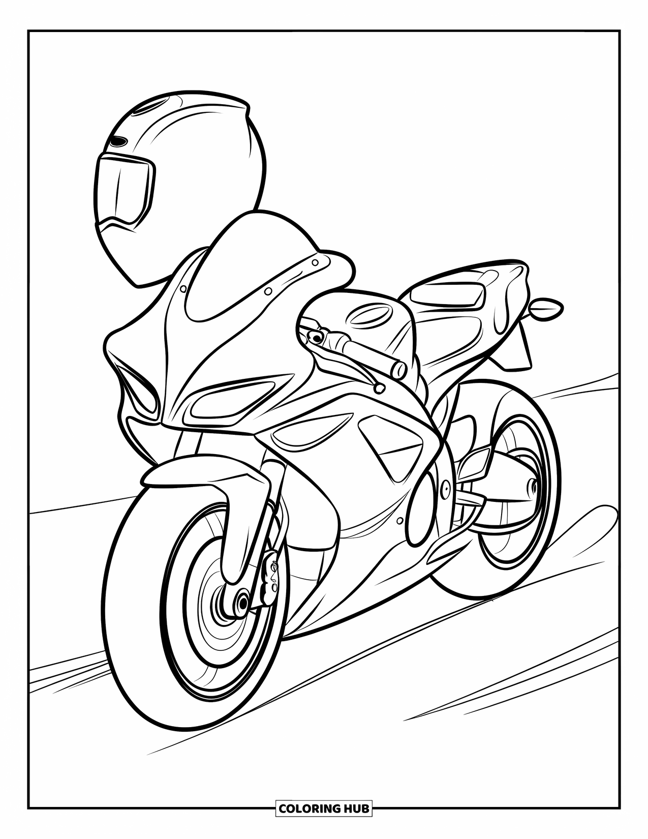 Desen de colorat cu mijloace de transport pentru copii: Motocicletă sport elegantă la mijlocul virajului cu o cască în apropiere