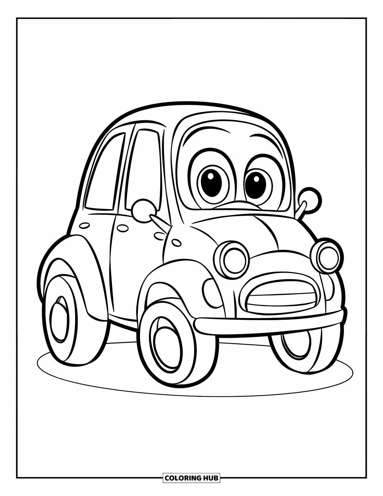 Desen de colorat cu mijloace de transport pentru copii: Mașină zâmbitoare cu ferestre rotunde și forme ușor de colorat