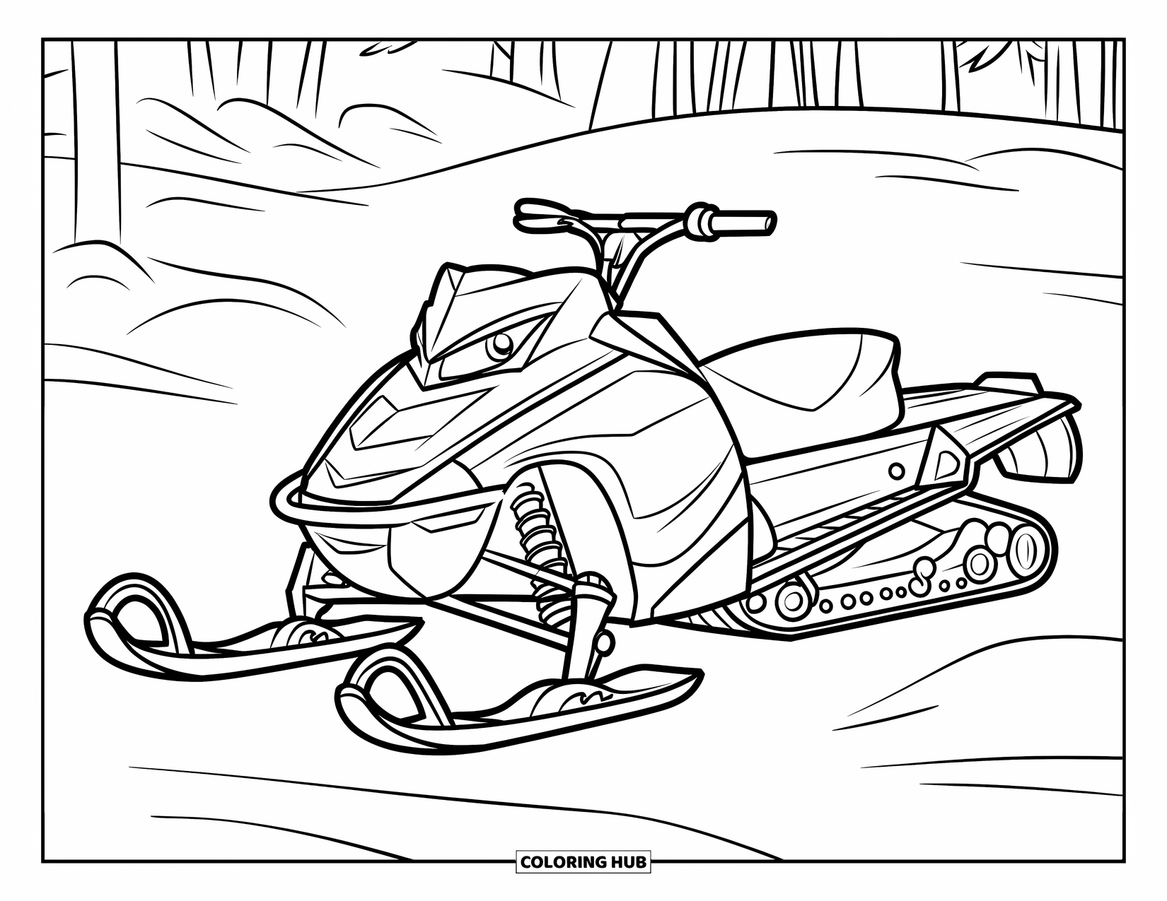 Desen de colorat cu mijloace de transport pentru copii: Motocicletă de zăpadă înconjurată de teren înzăpezit și copaci împrăștiați