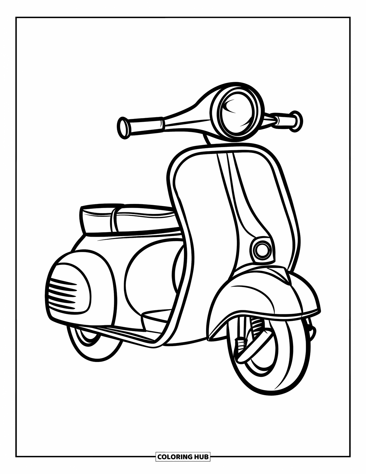 Desen de colorat cu mijloace de transport pentru copii: Trotinetă robustă cu mânere înalte pe un fundal gol