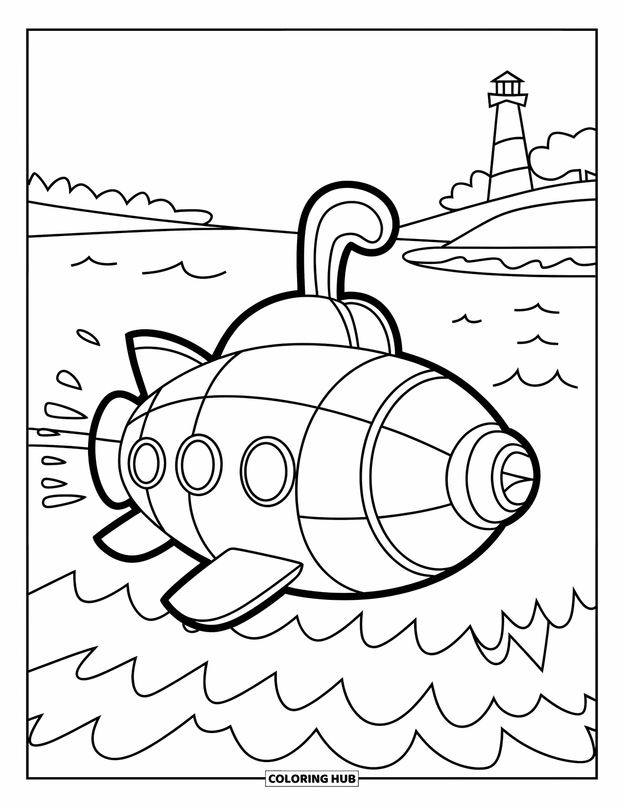 Desen de colorat cu mijloace de transport pentru copii: Submarin plutind pe valuri lângă un far și copaci