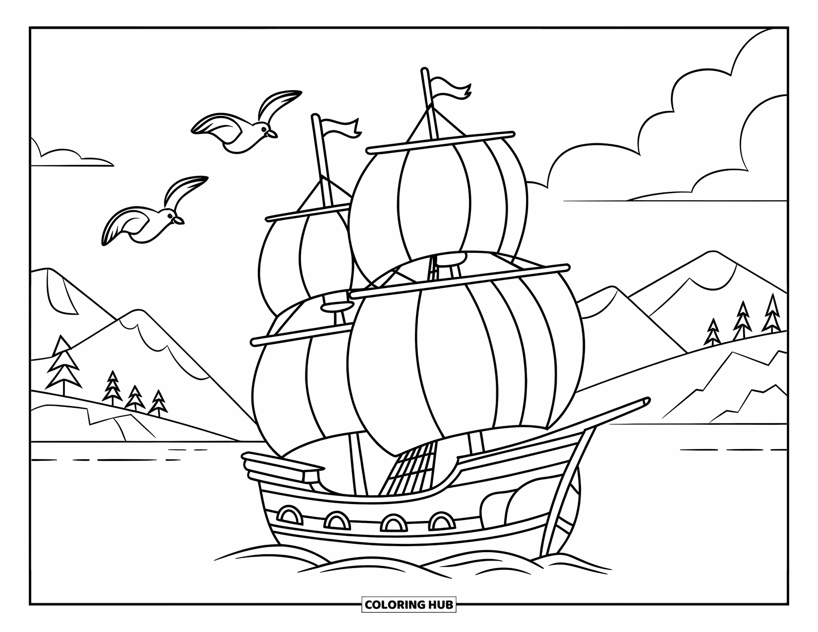 Desen de colorat cu mijloace de transport pentru copii: Corabie înaltă cu pescăruși care zboară deasupra și o vedere pașnică la munte