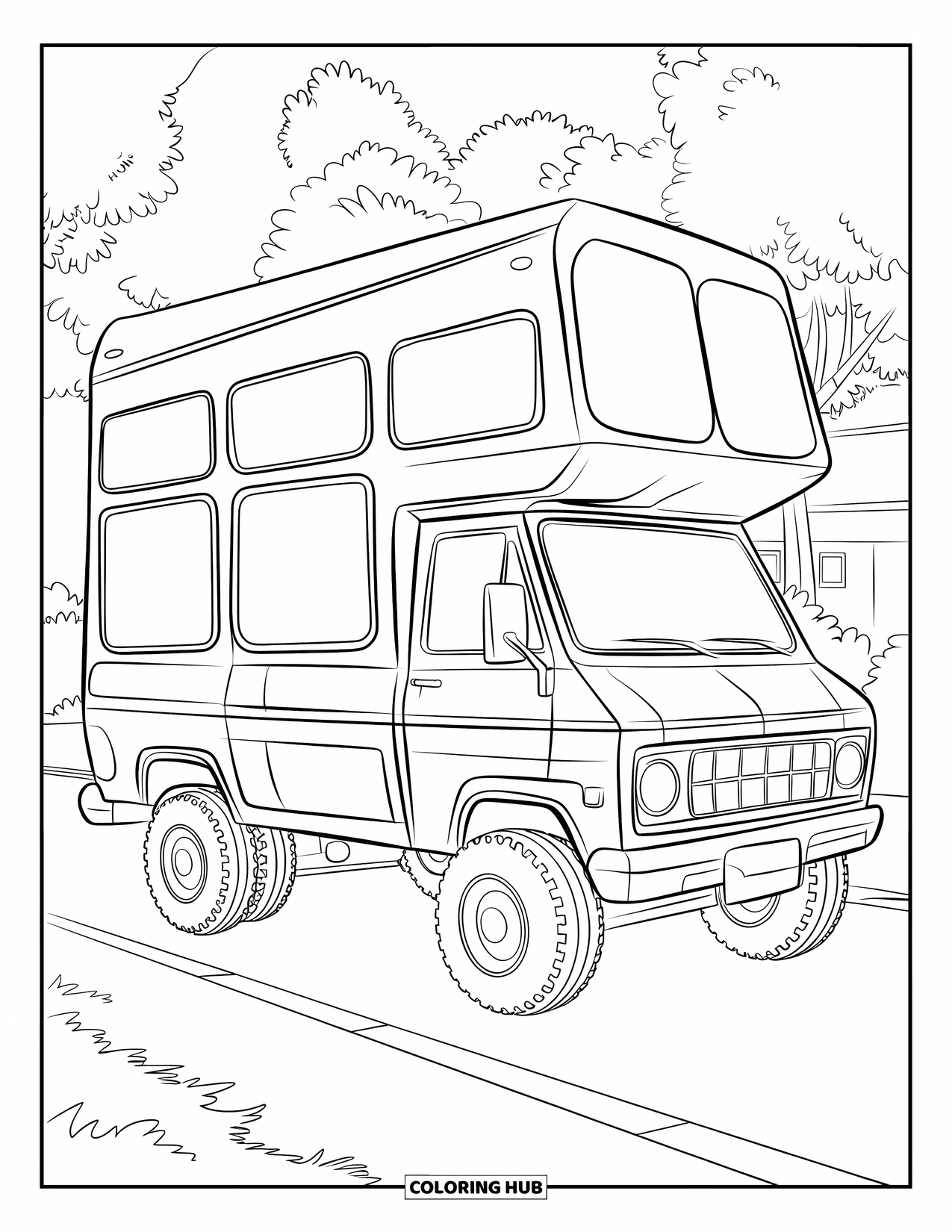 Desen de colorat cu mijloace de transport pentru copii: Furgonetă înaltă cu roți mari parcată lângă un copac și o clădire