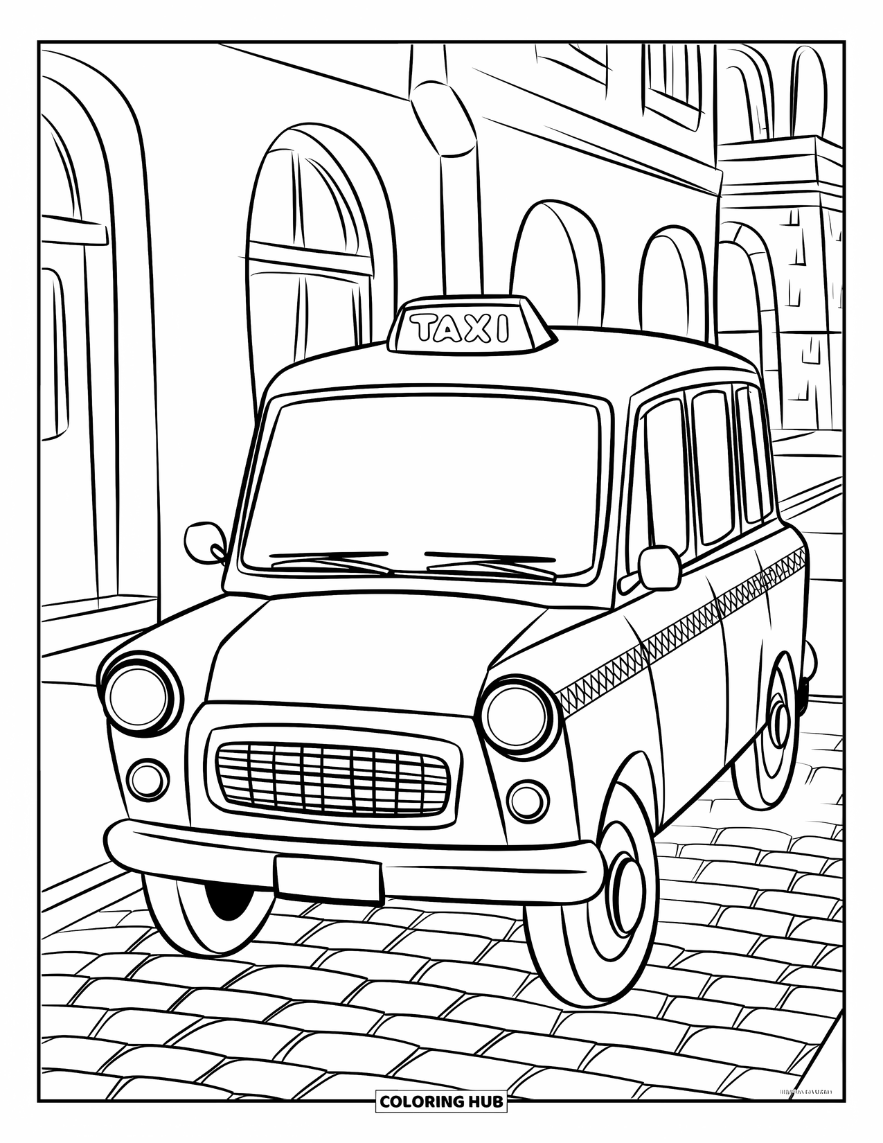 Desen de colorat cu mijloace de transport pentru copii: Taxi pe o stradă pietruită lângă clădiri drăguțe