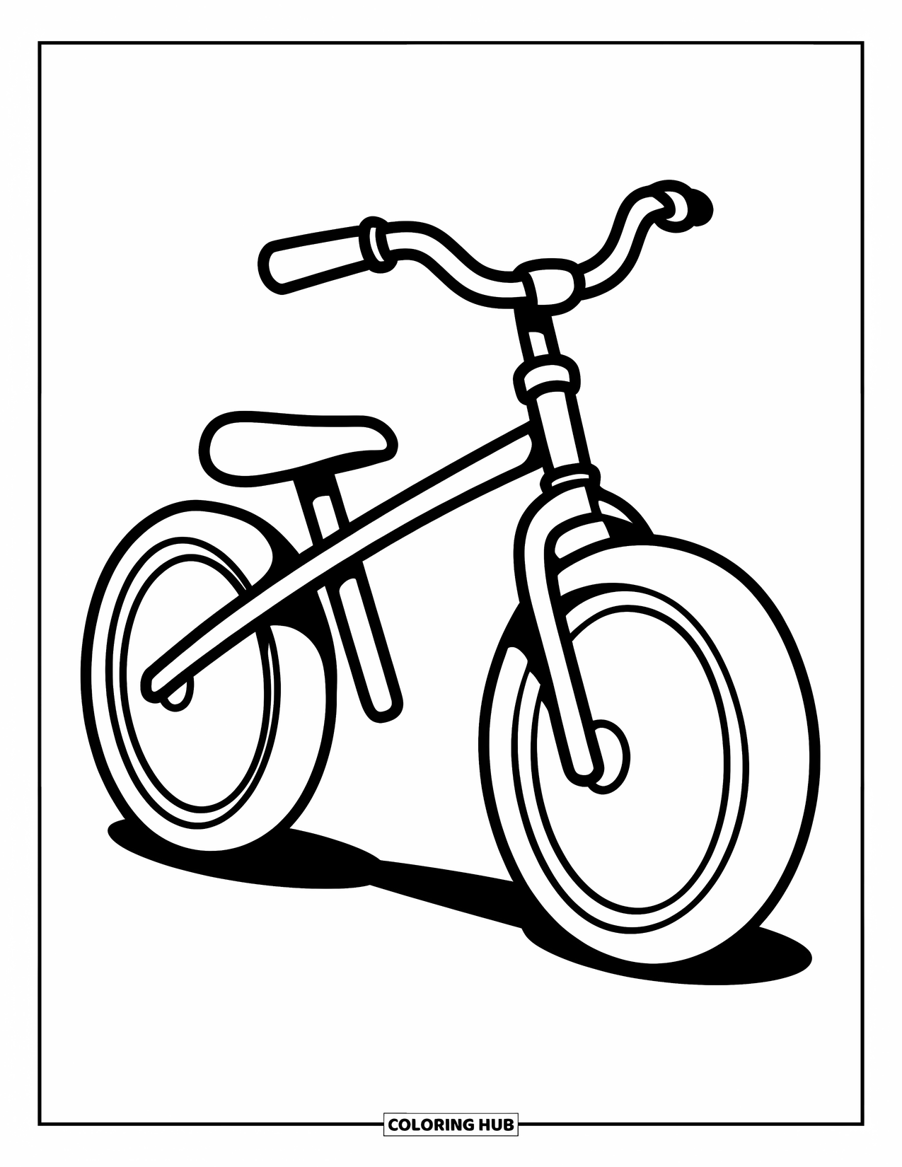 Desen de colorat cu mijloace de transport pentru copii: Bicicletă cu cadru gros, cu roți mari și rotunde și ghidon lung