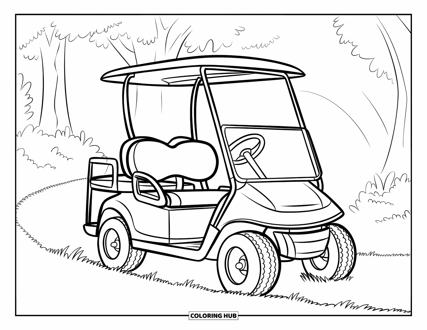 Desen de colorat cu mijloace de transport pentru copii: Cărucior de golf pe marginea potecii, lângă copaci și o vedere confortabilă a tunelului