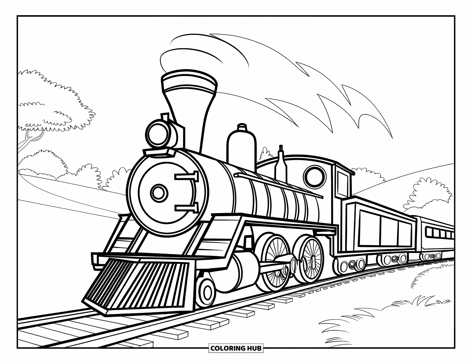 Desen de colorat cu mijloace de transport pentru copii: Tren care șuieră de-a lungul unei căi șerpuitoare prin dealuri și copaci