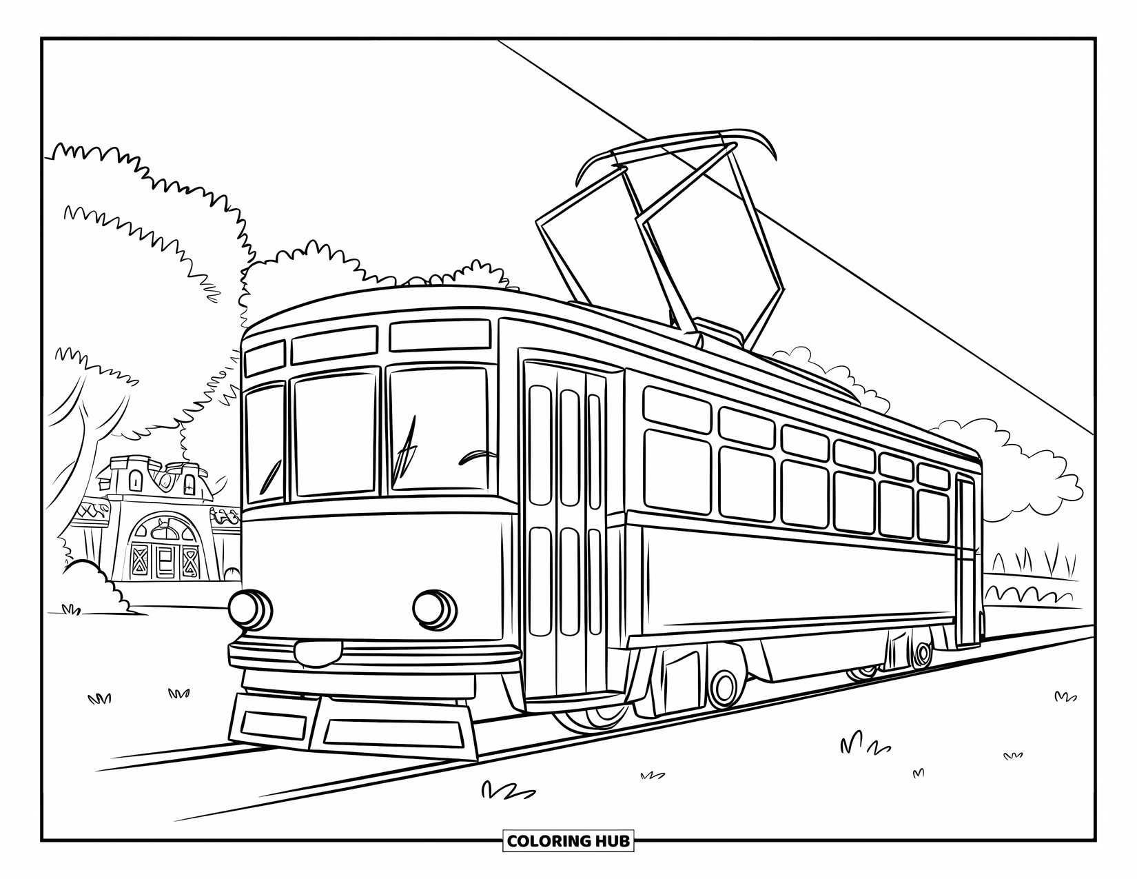 Desen de colorat cu mijloace de transport pentru copii: Tramvai lângă copaci și o clădire confortabilă cu cer senin