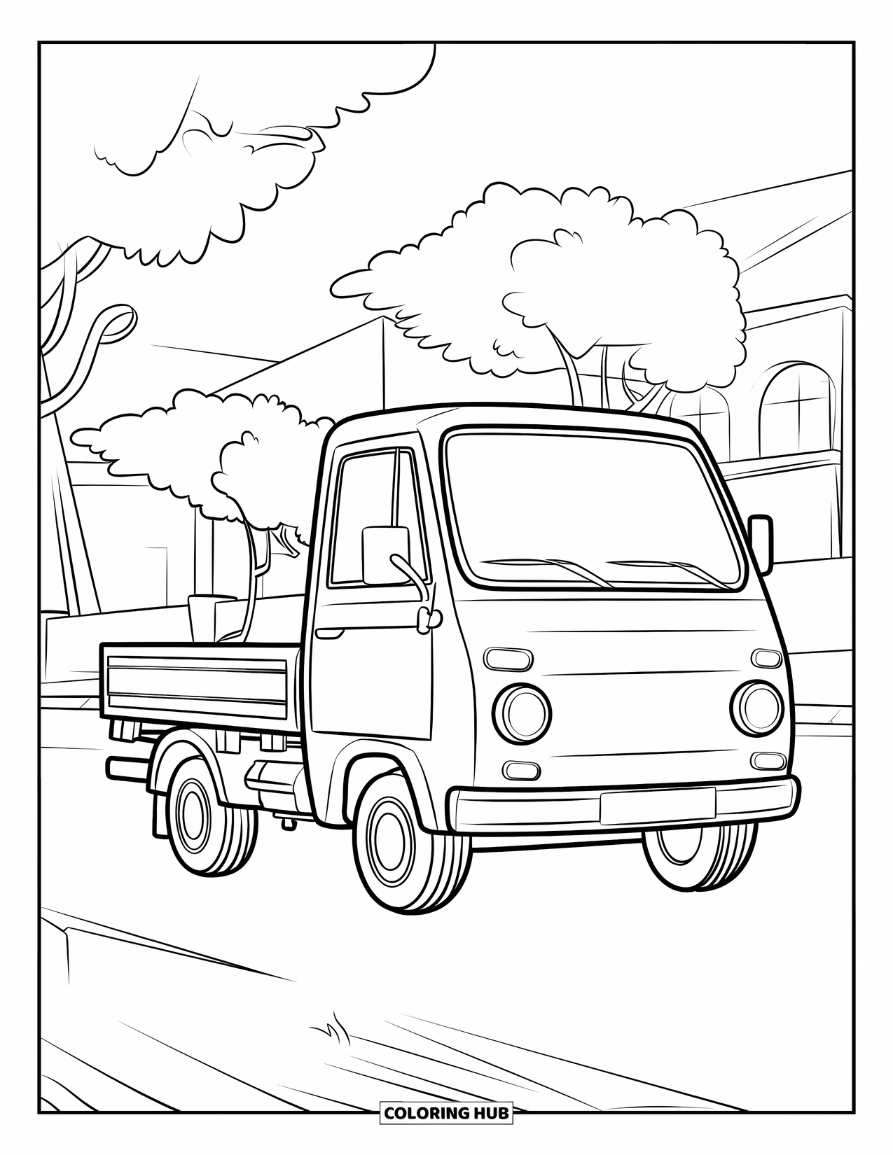 Desen de colorat cu mijloace de transport pentru copii: Camion parcat lângă copaci și clădiri pe un drum luminos