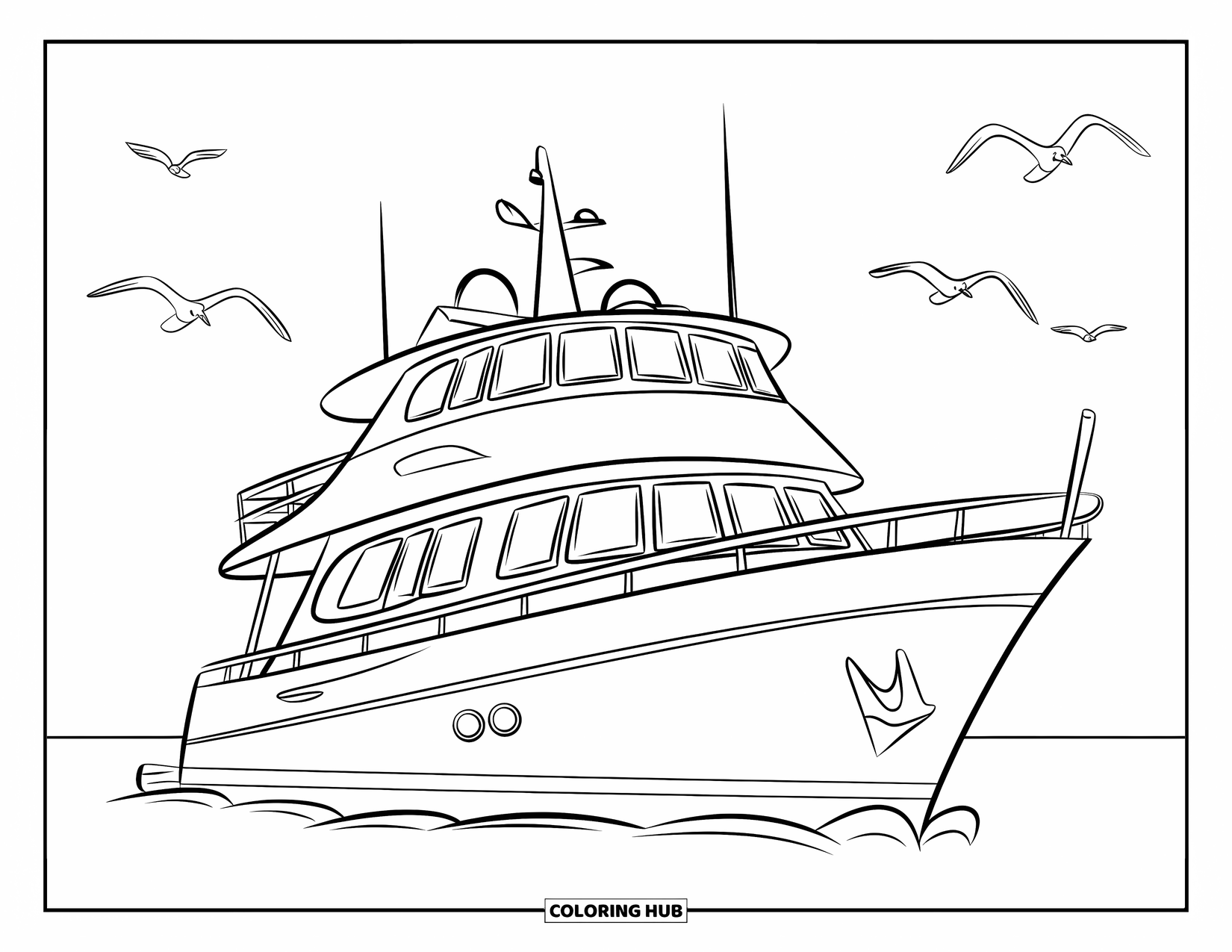 Desen de colorat cu mijloace de transport pentru copii: Iaht care navighează pe ape calme cu pescăruși deasupra