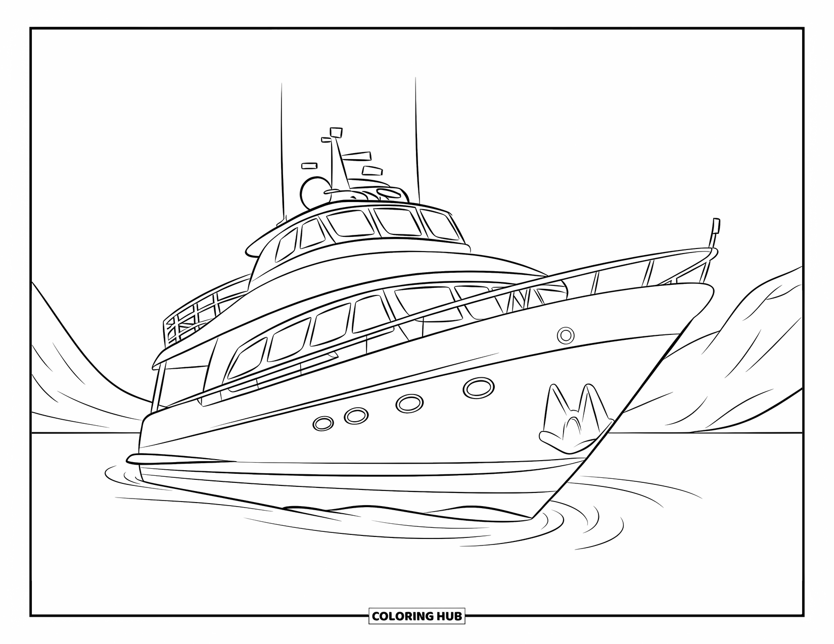 Desen de colorat cu mijloace de transport pentru copii: Iaht plutind lângă munți pe apă lină și calmă