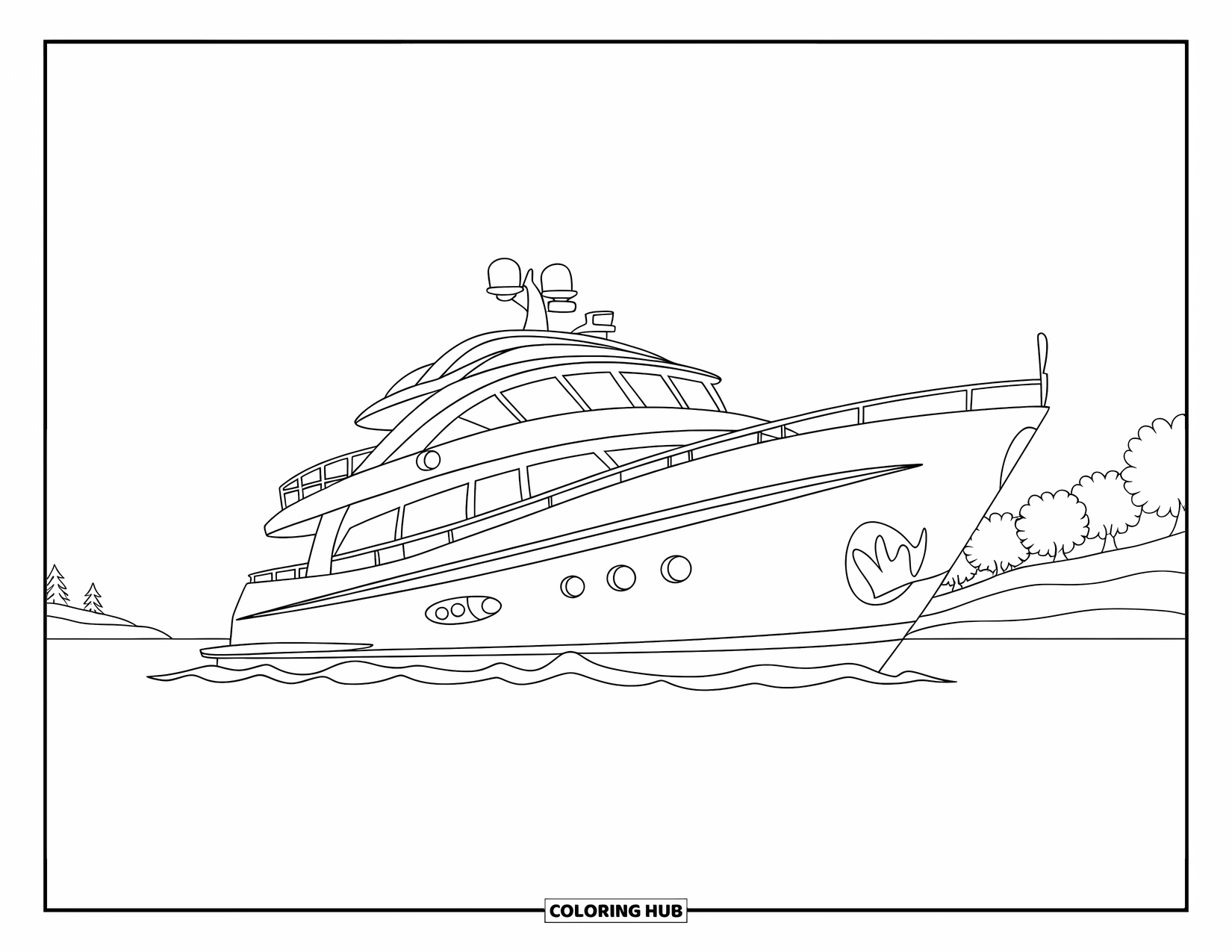 Desen de colorat cu mijloace de transport pentru copii: Iaht plutind pașnic lângă copaci sub un cer însorit