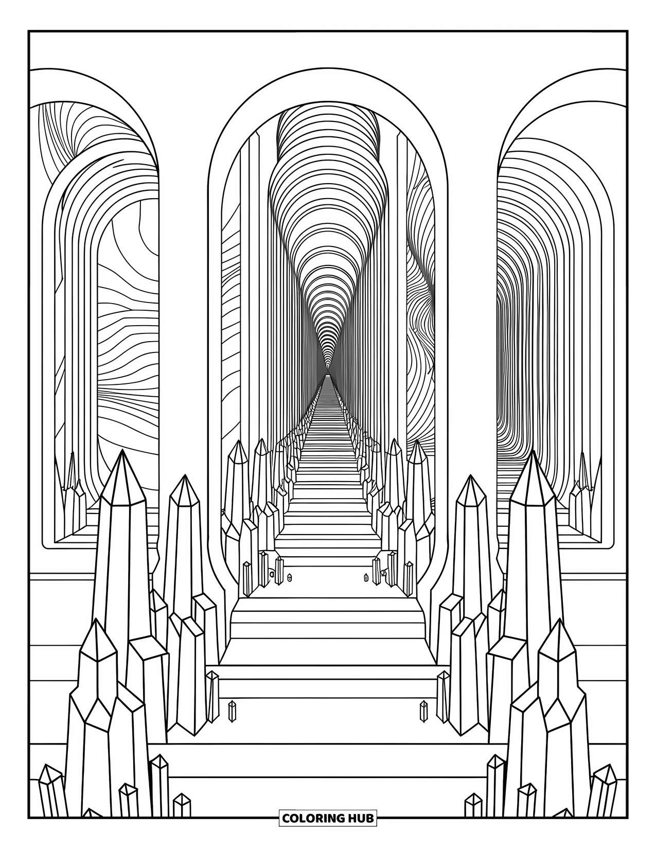 Trippy Coloring Page for Adults: A crystal temple with endless doors and swirling staircases reaches toward the sky