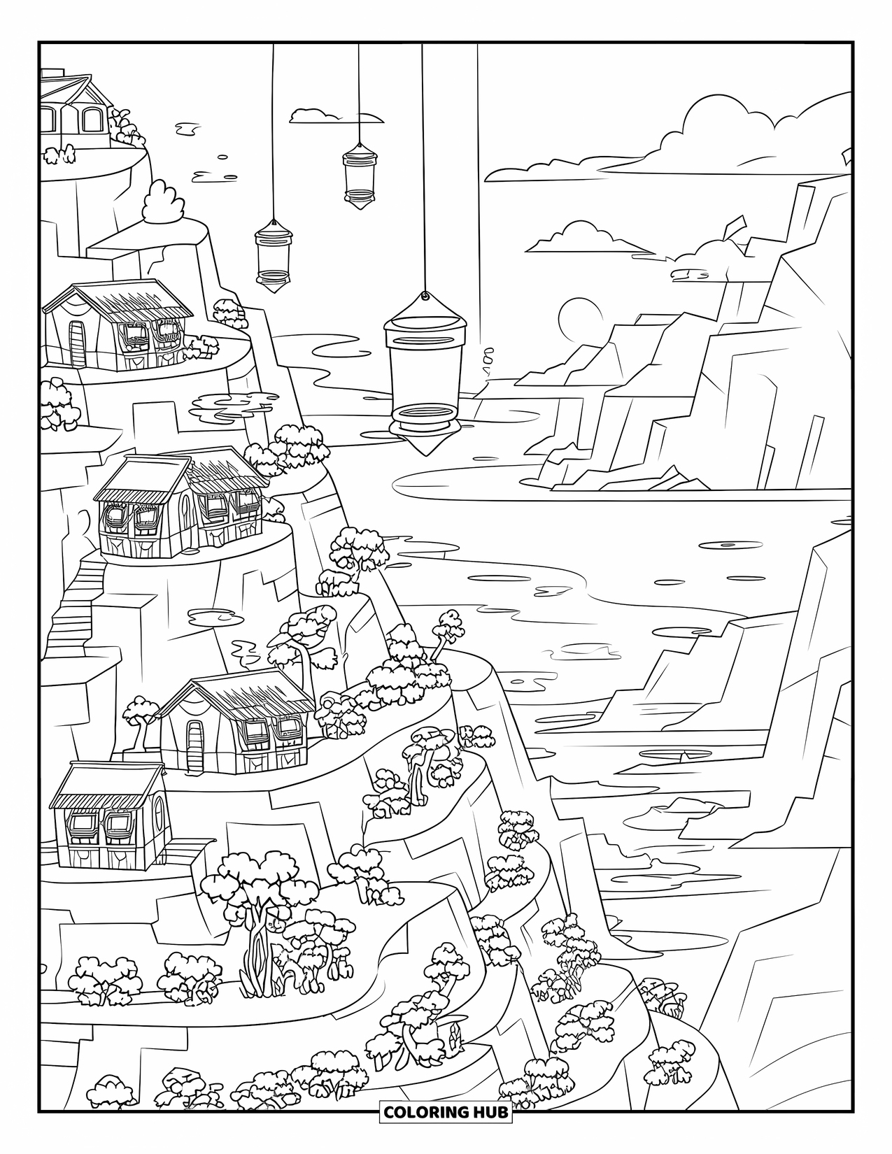 Trippy Coloring Page for Adults: A dreamy cliff village with floating homes, sky lanterns, and peaceful mountain views