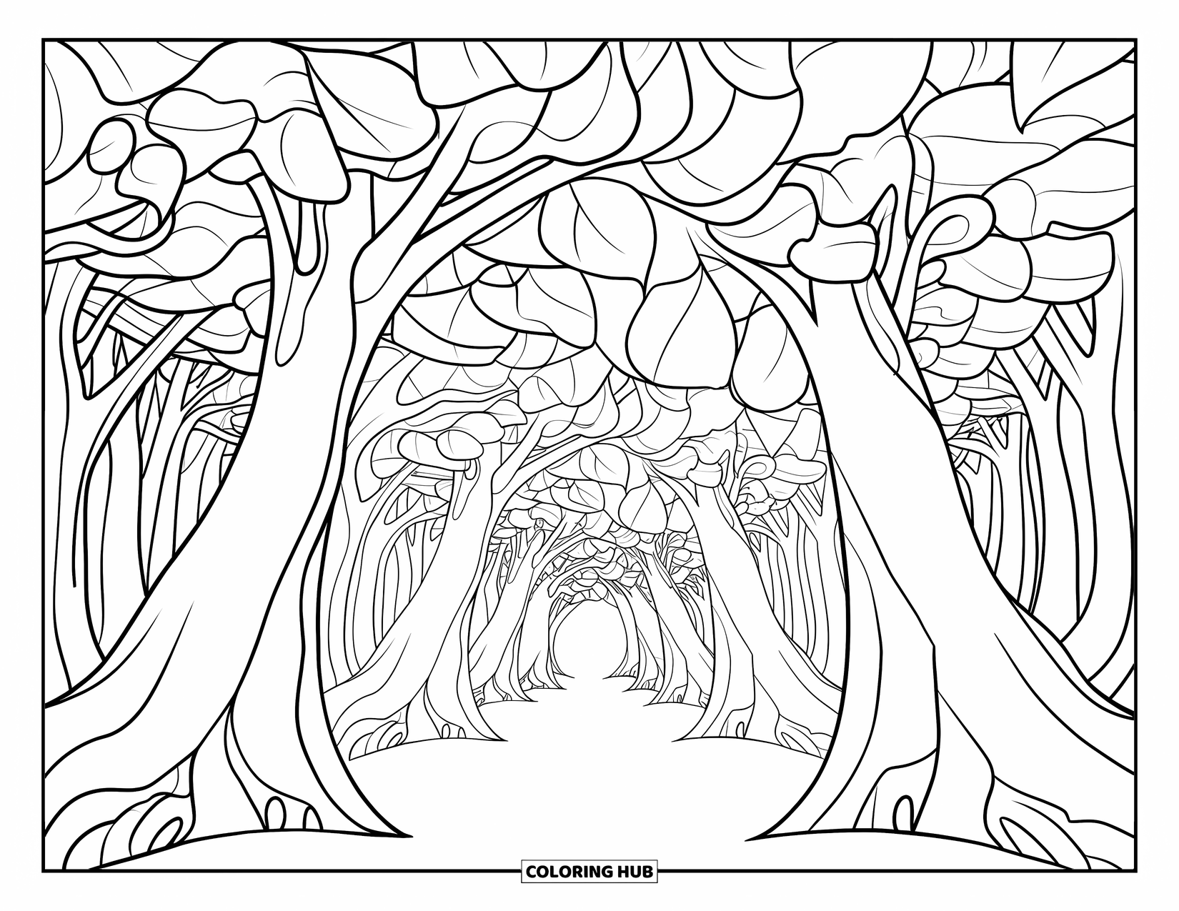 Trippy Coloring Page for Adults: A dreamy forest gate with spiraling leaves and tree arches stretching into infinity