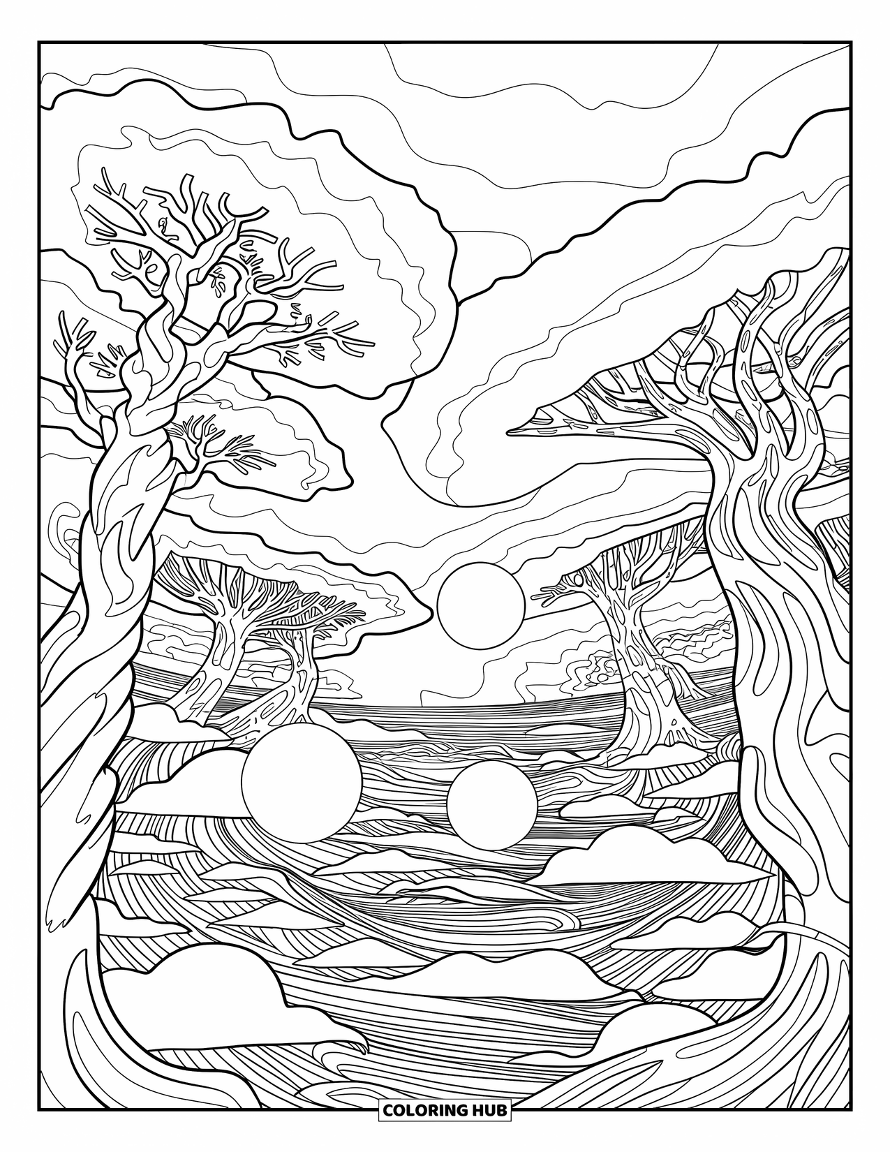 Trippy Coloring Page for Adults: A dreamy forest of wavy trees, hovering orbs, and echo-filled patterns