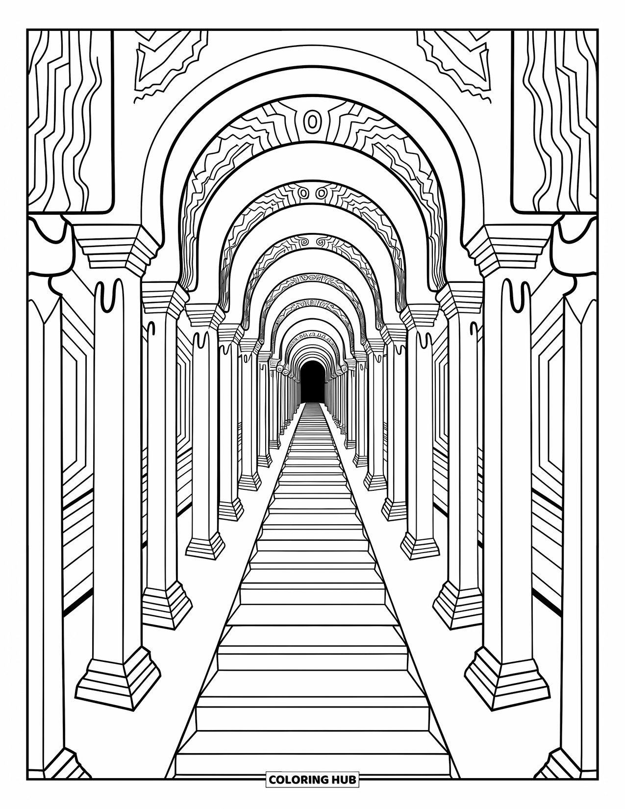 Trippy Coloring Page for Adults: A dreamy temple of crystals, portals, and swirling stairs reaches skyward