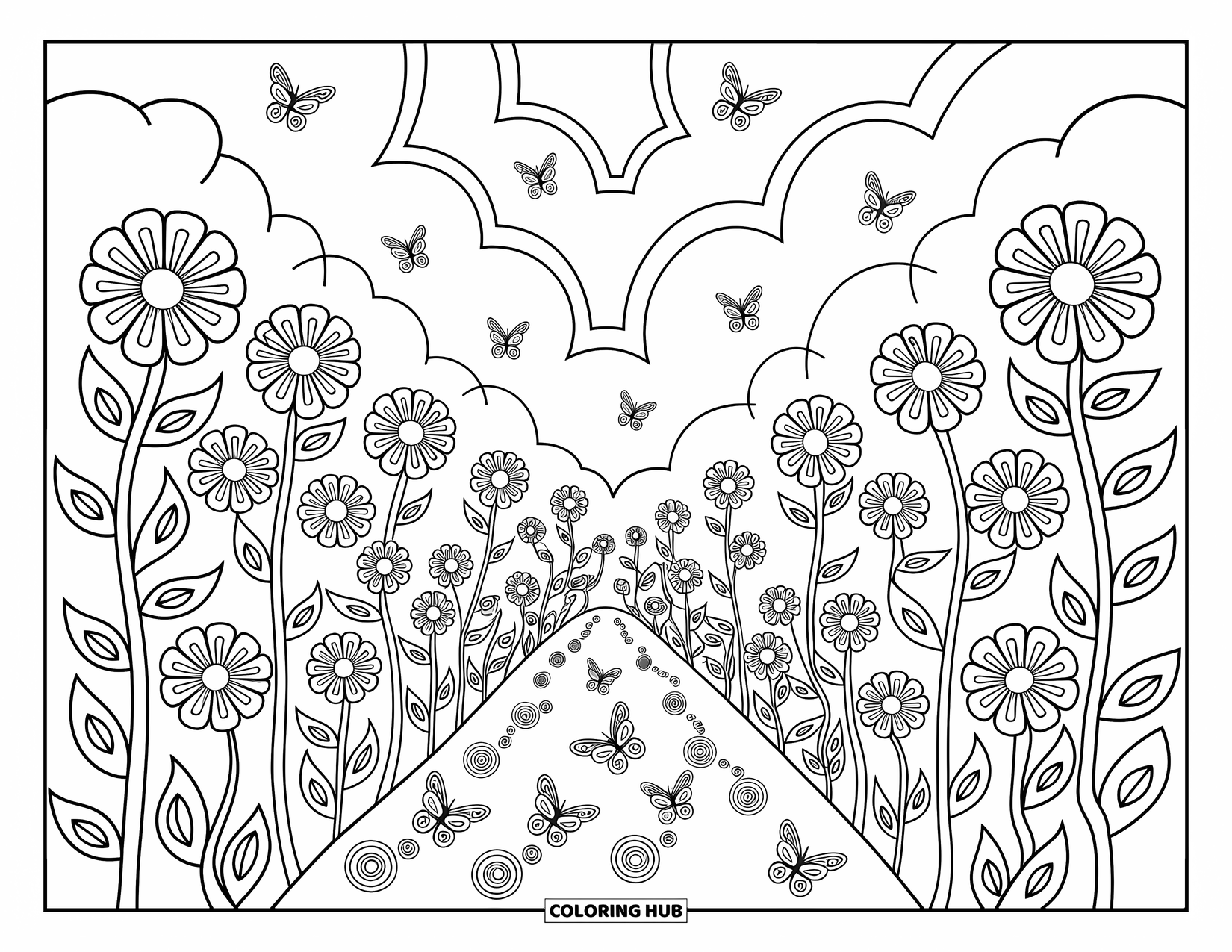 Trippy Coloring Page for Adults: A magical garden with blooming fractals, twisting vines, and looping skies