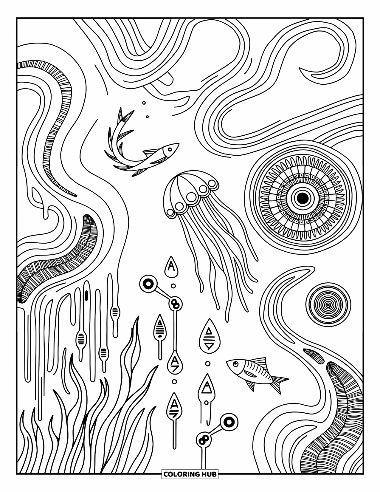 Trippy Coloring Page for Adults: A magical underwater world with jellyfish, Möbius seaweed, and rune-like swirls