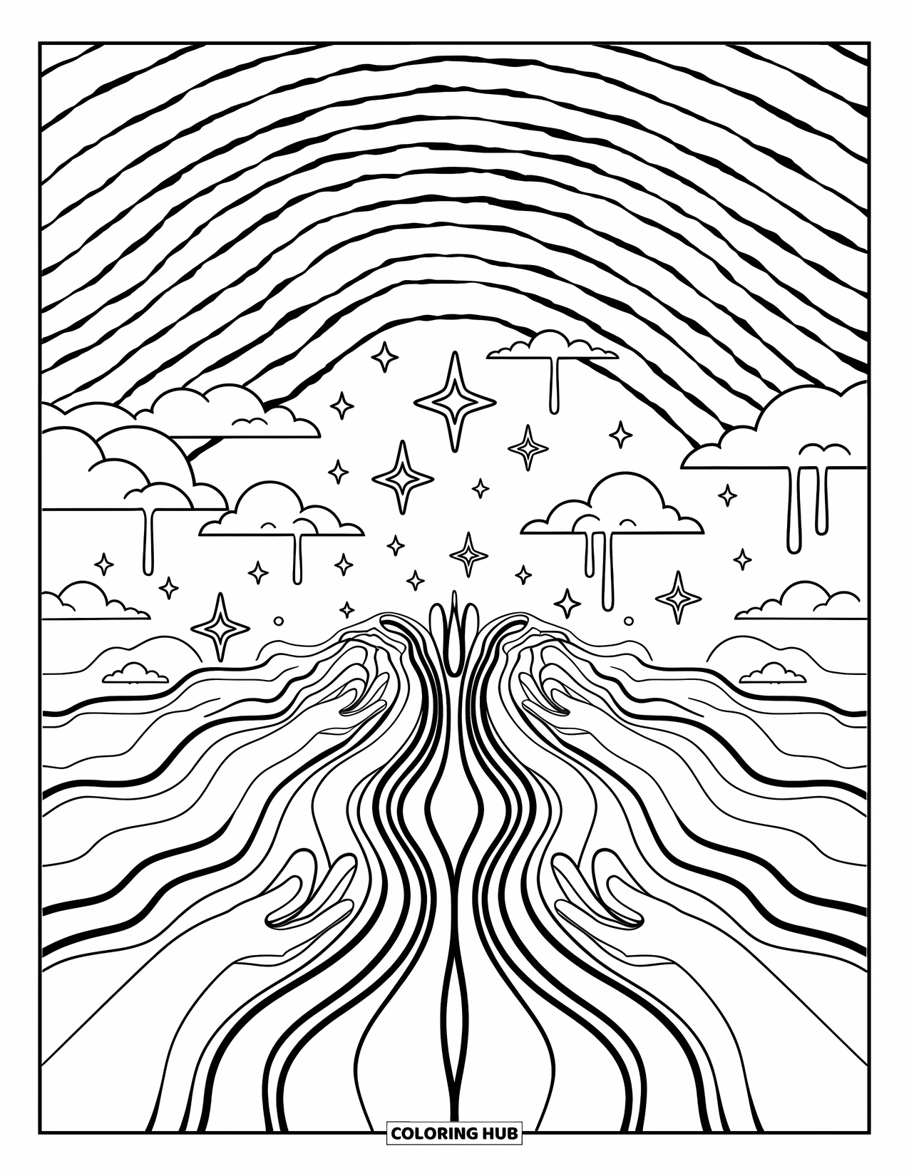 Trippy Coloring Page for Adults: A portal opens in space with reaching hands, dripping stars, and bending shapes