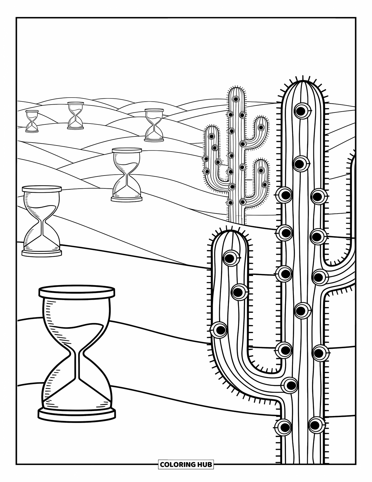 Trippy Coloring Page for Adults: A surreal desert of hourglass dunes, melting clocks, and spiral-eyed cacti