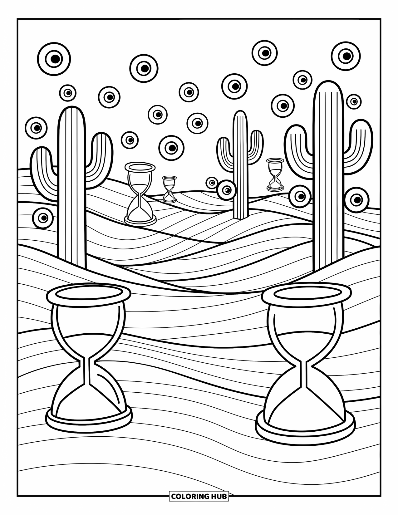 Trippy Coloring Page for Adults: An infinite desert with twisting cacti, floating eyes, and melting clocks