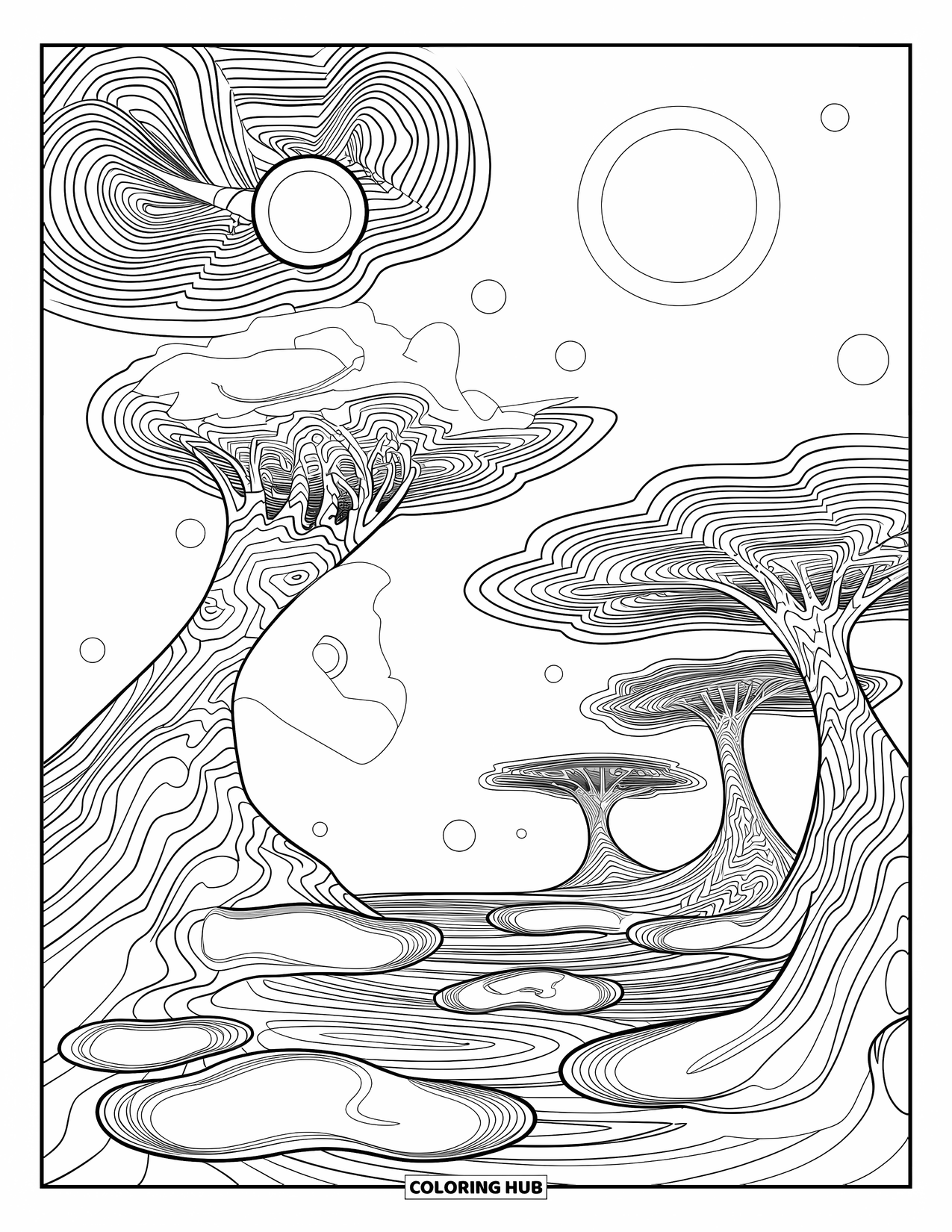 Trippy Coloring Page for Adults: Bending trees and glowing orbs shimmer above roots and soft cloud rings
