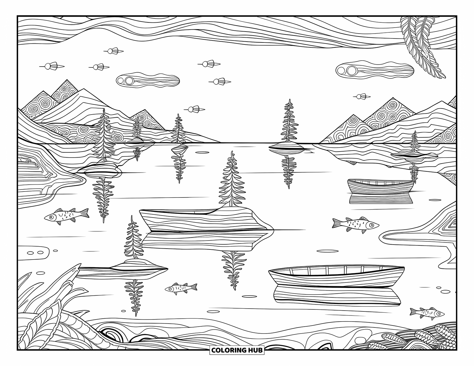 Trippy Coloring Page for Adults: Boats float through a magical lake with layered skies and flying fish