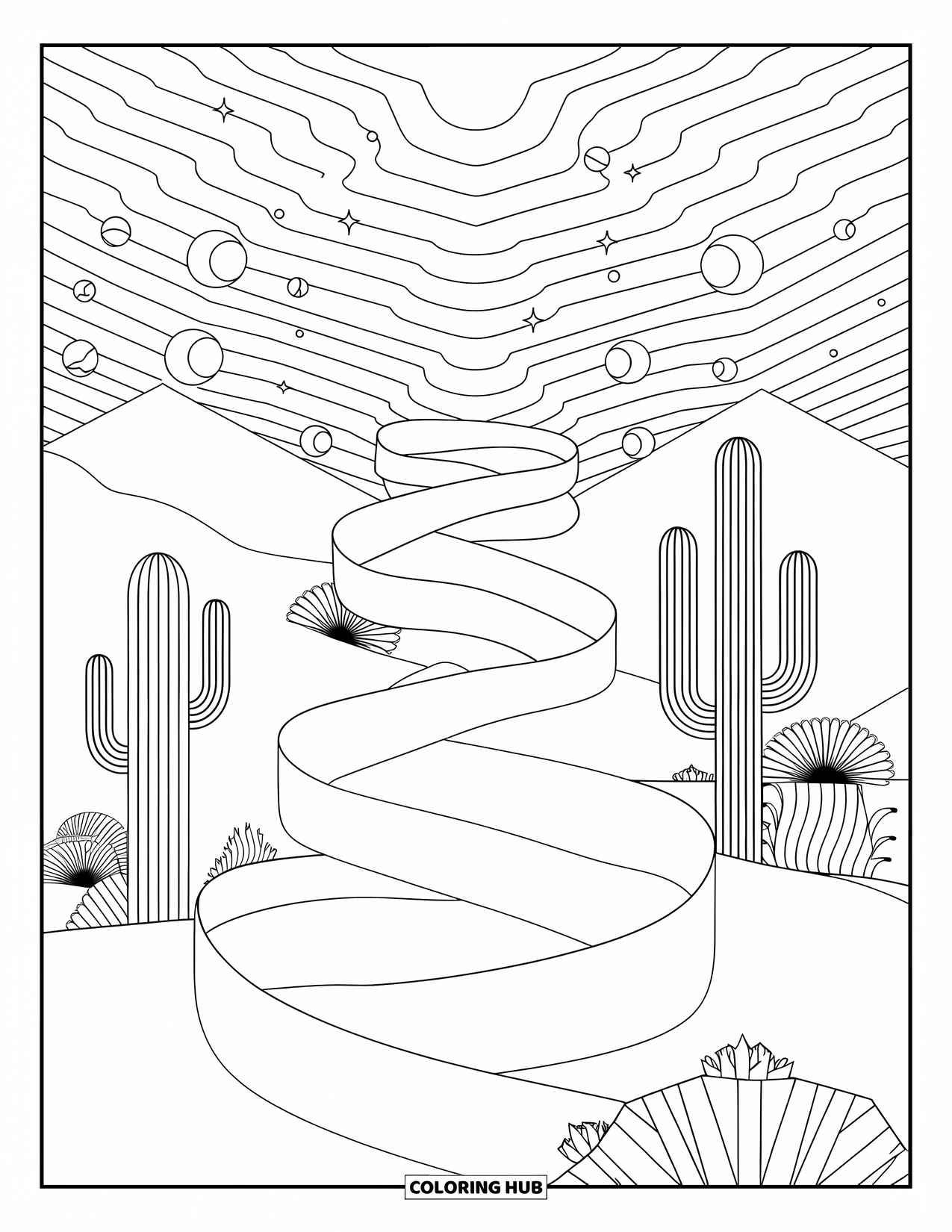 Trippy Coloring Page for Adults: Cacti twist upward as dunes ripple like ribbons beneath looping moons