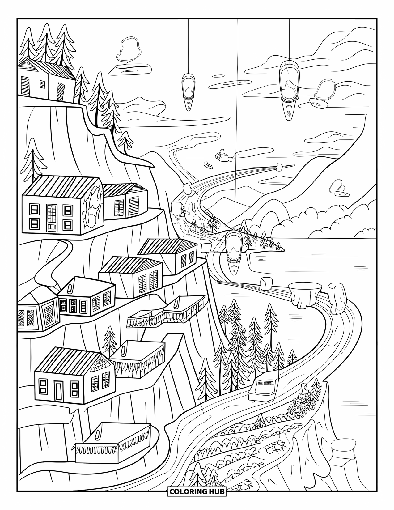 Trippy Coloring Page for Adults: Curved cliff homes, lanterns, and floating trees create a magical village in the sky
