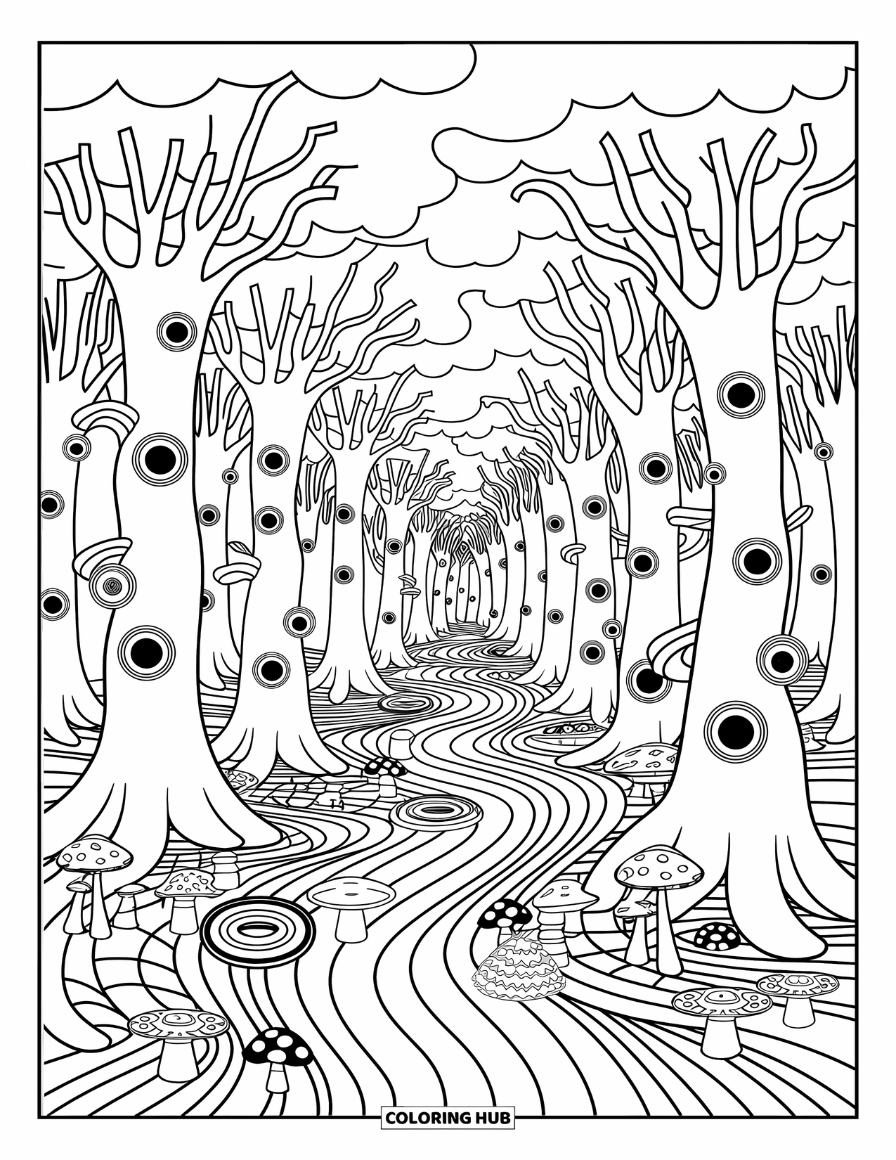Trippy Coloring Page for Adults: Eyed trees, twisting branches, and mushrooms fill this magical forest