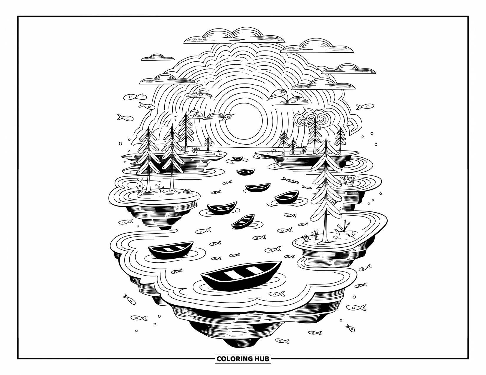 Trippy Coloring Page for Adults: Floating boats drift on a dreamy lake beneath layered skies and airborne fish