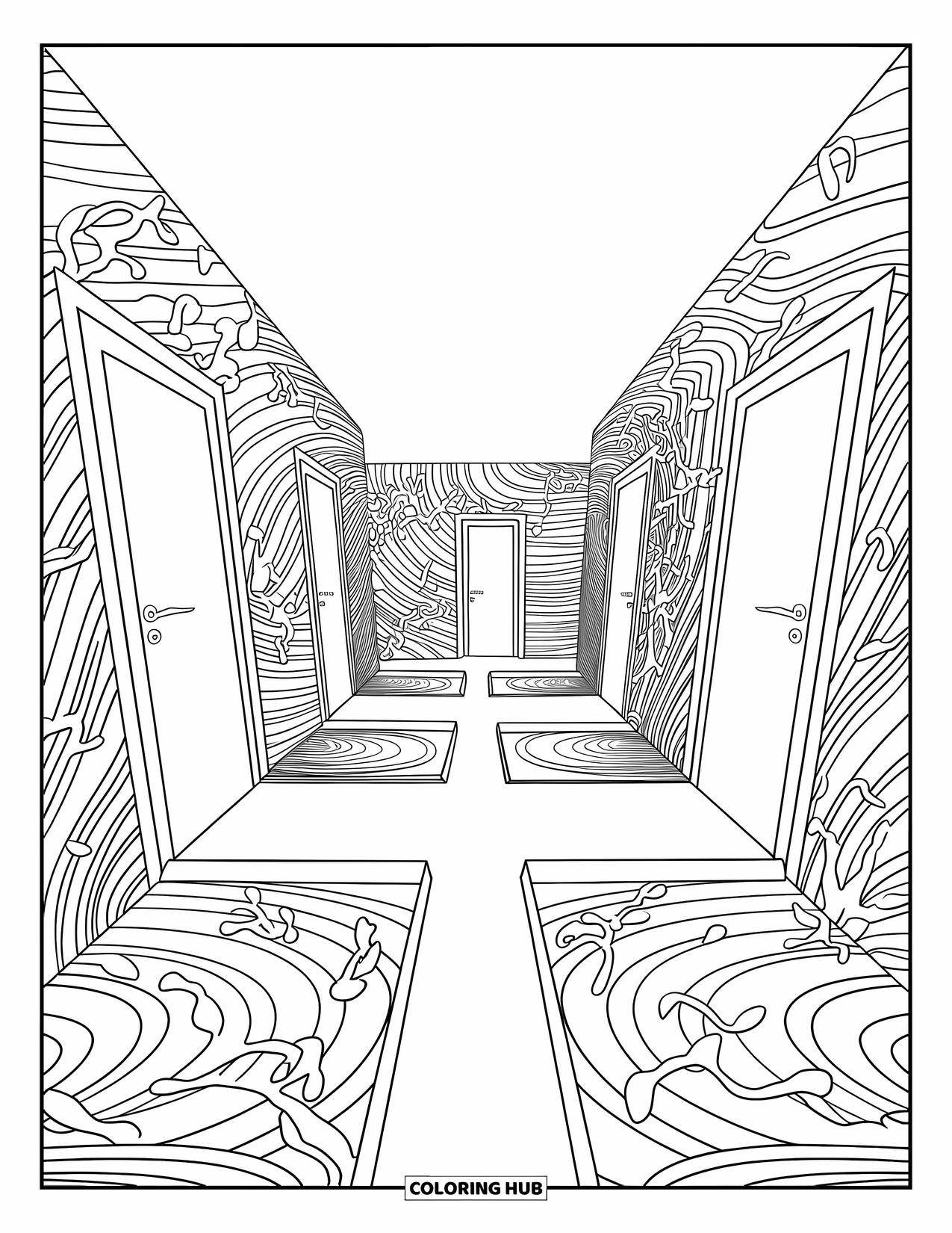 Trippy Coloring Page for Adults: Floating doors and curling vines wind through a surreal, trippy hallway