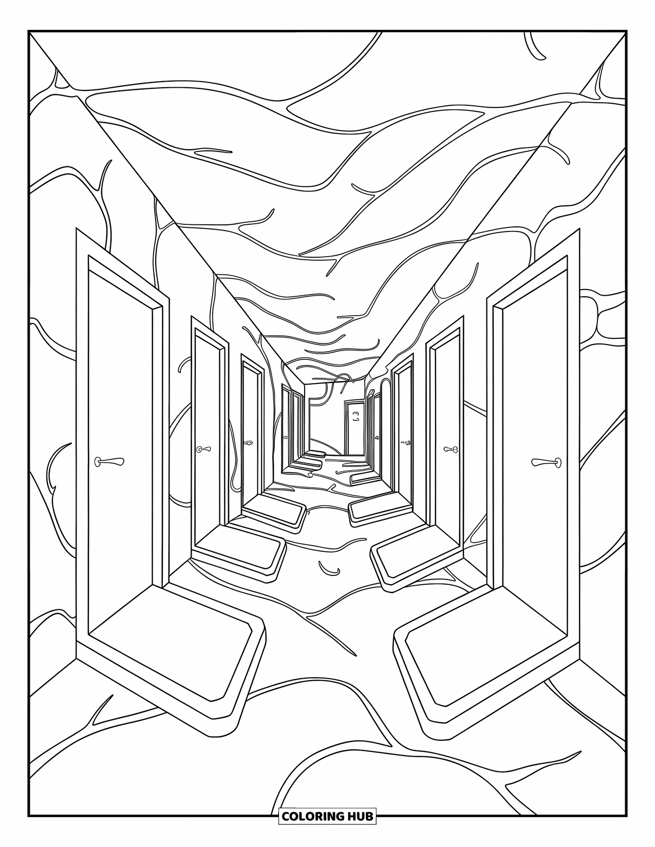 Trippy Coloring Page for Adults: Floating doors twist through a hallway of curling vines and hypnotic patterns