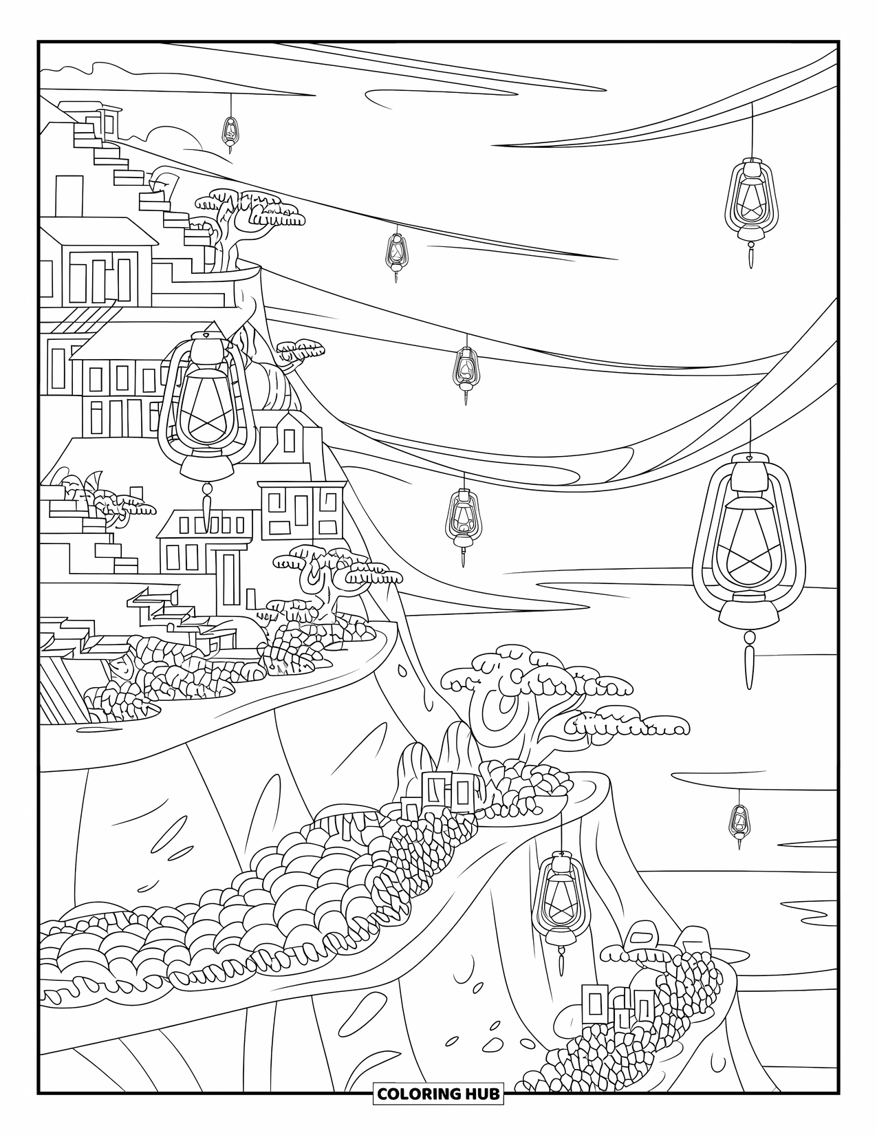Trippy Coloring Page for Adults: Floating homes and lanterns twist along cliffside layers beneath a peaceful sky