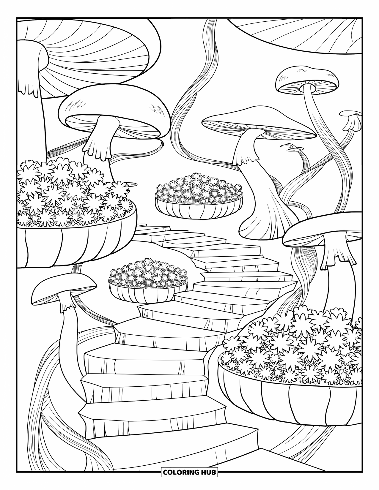 Trippy Coloring Page for Adults: Floating steps twist through a sky garden of giant mushrooms and blooming stars
