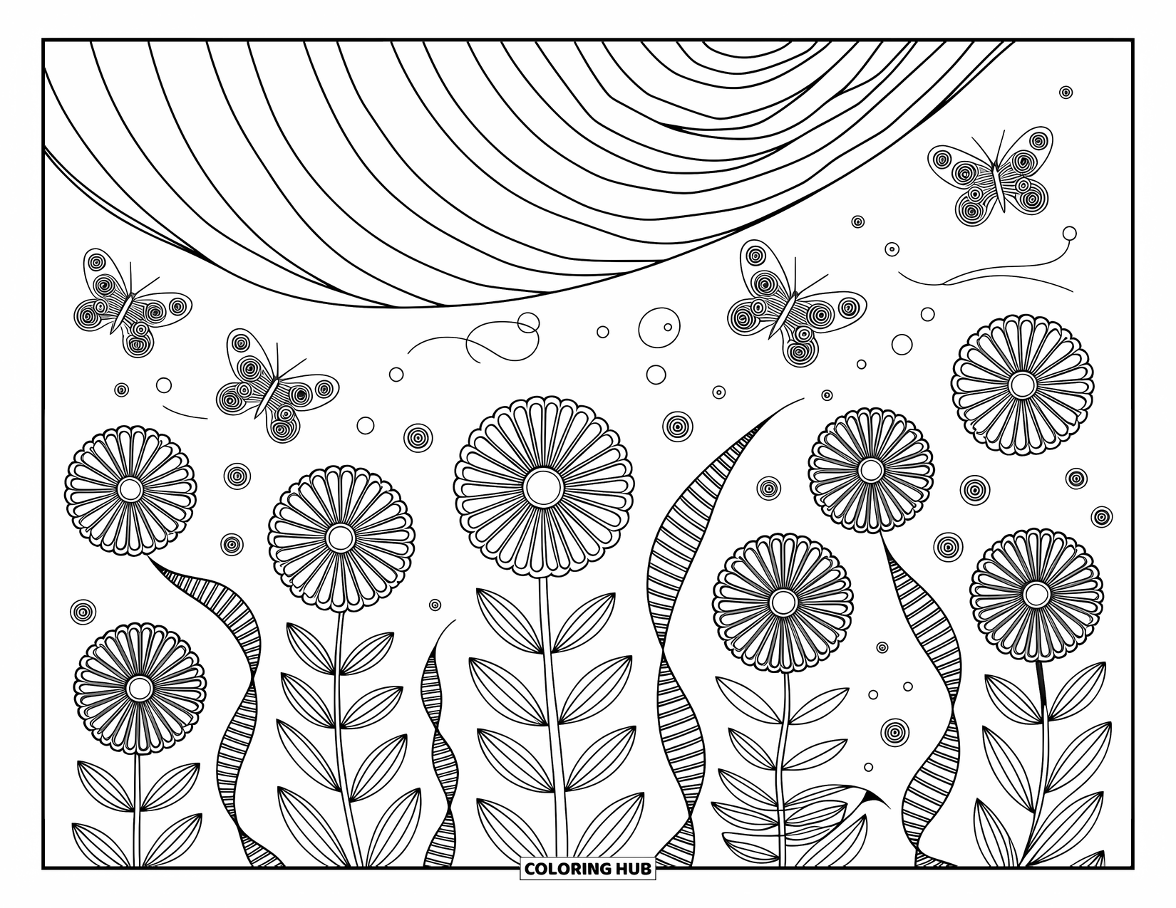 Trippy Coloring Page for Adults: Fractal flowers, swirling vines, and looping skies create a dreamy, magical garden