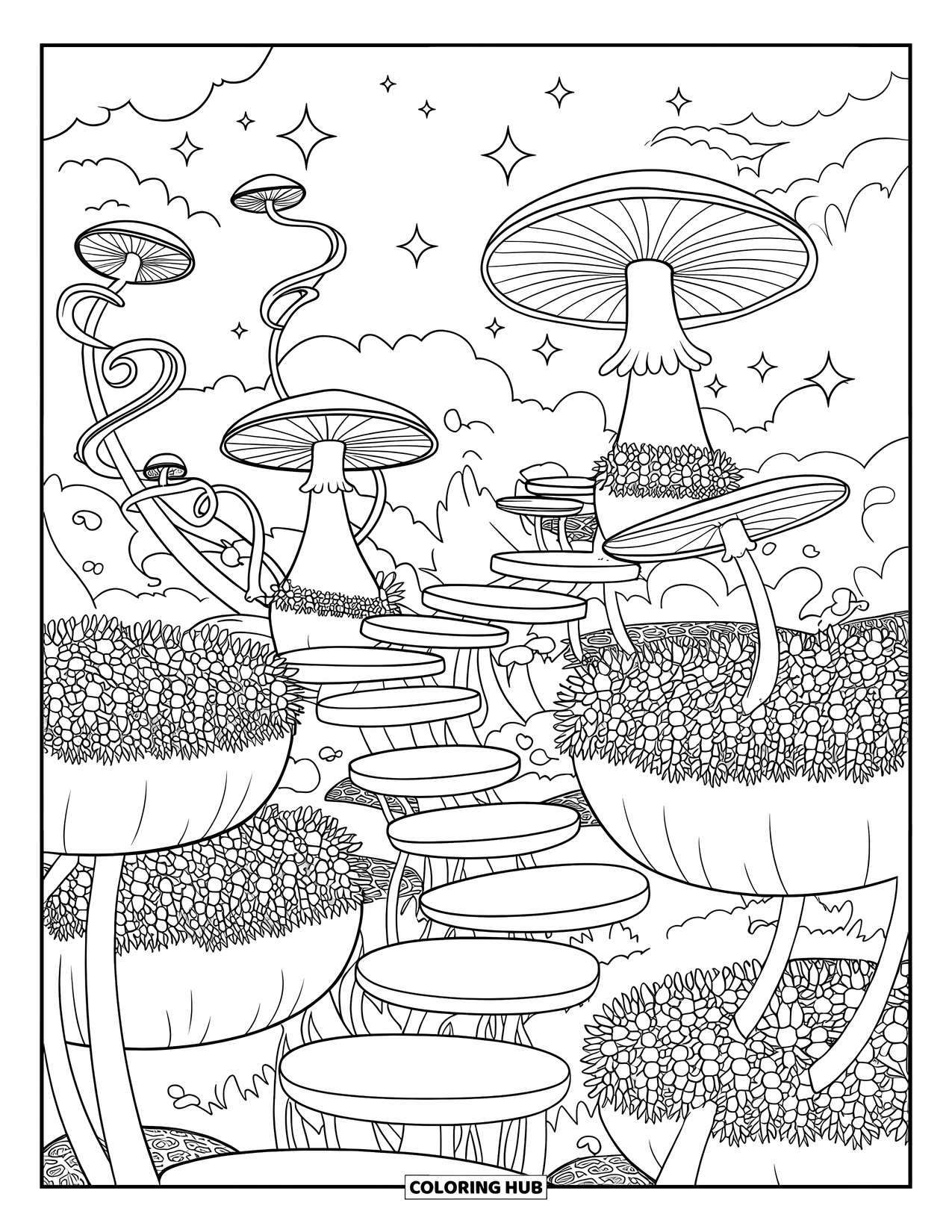 Trippy Coloring Page for Adults: Giant mushrooms and floating steps fill a dreamy sky garden with blooming stars