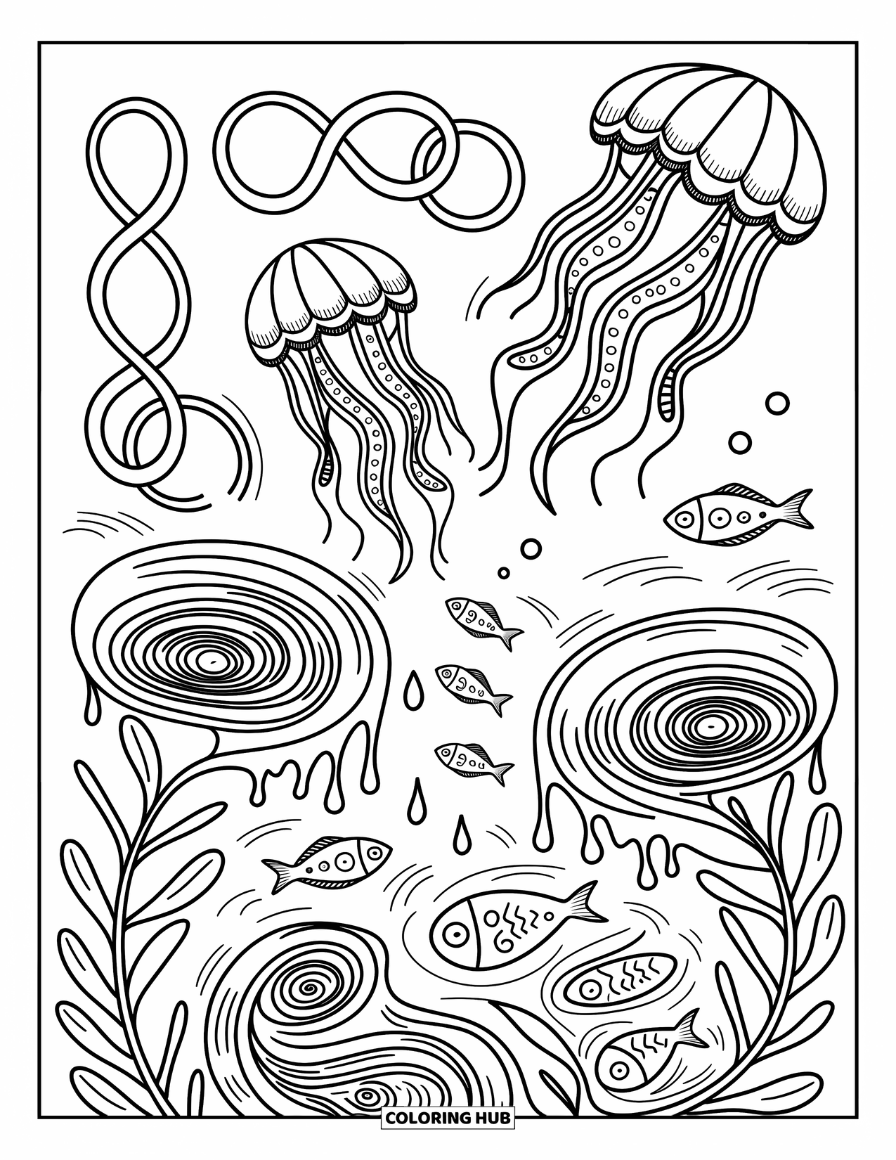 Trippy Coloring Page for Adults: Jellyfish drift past twisting seaweed and ancient rune-filled waters