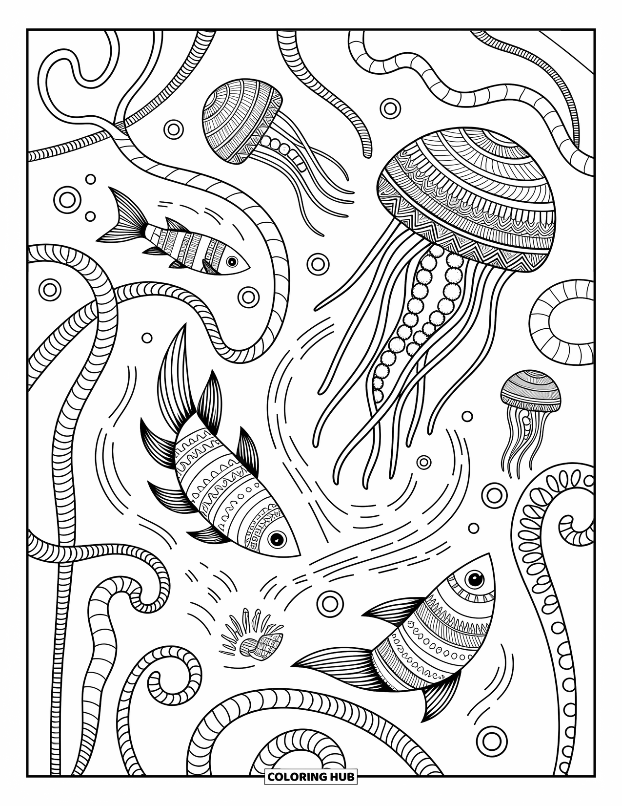 Trippy Coloring Page for Adults: Jellyfish with swirling tentacles float through loops and rune-filled whirlpools