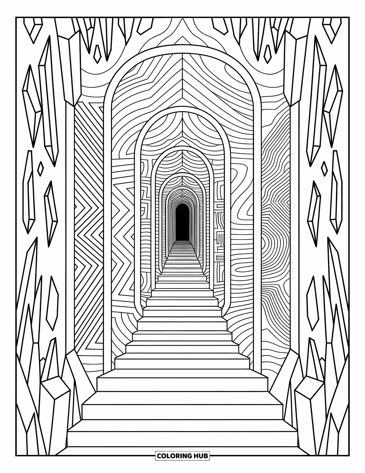 Trippy Coloring Page for Adults: Melting crystal pillars, endless doors, and sacred symbols fill a dreamy temple