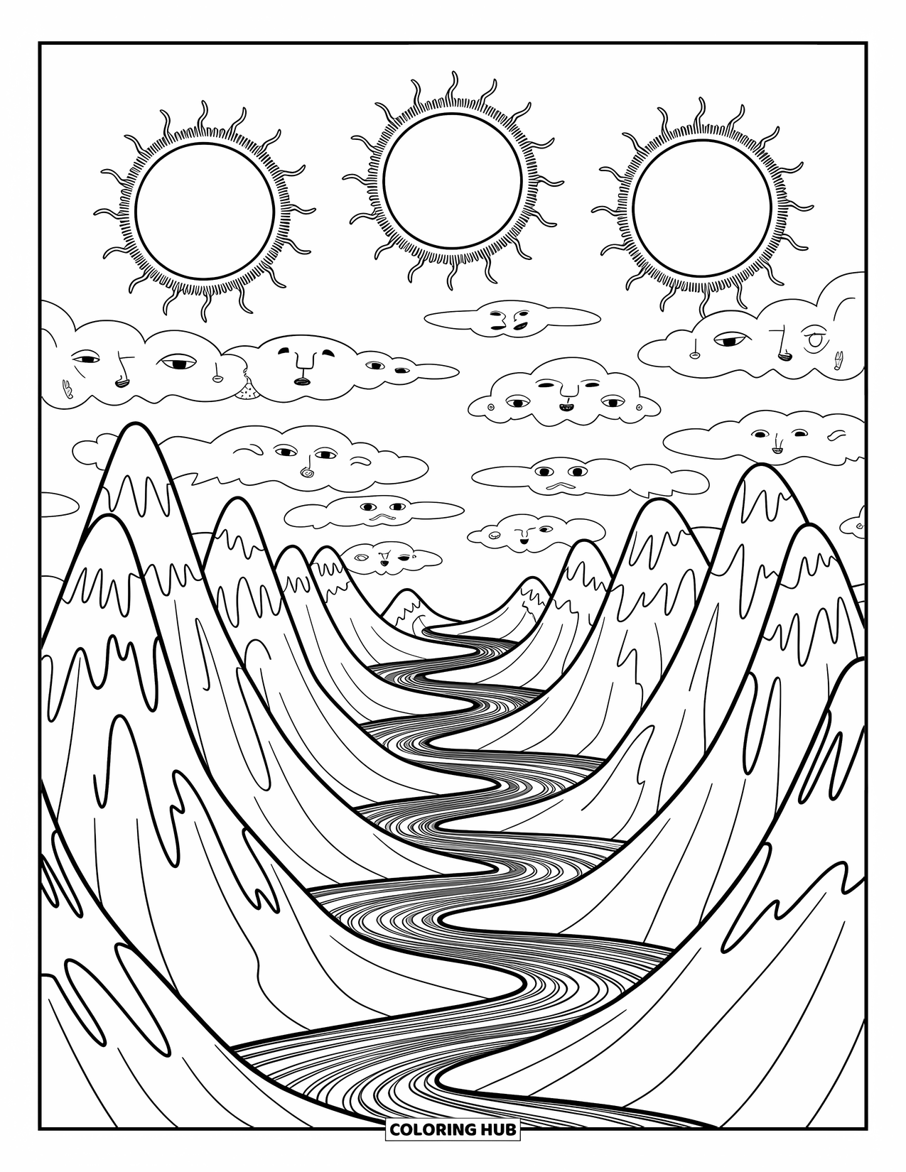 Trippy Coloring Page for Adults: Melting mountains and clouds turning into faces fill this magical dreamscape