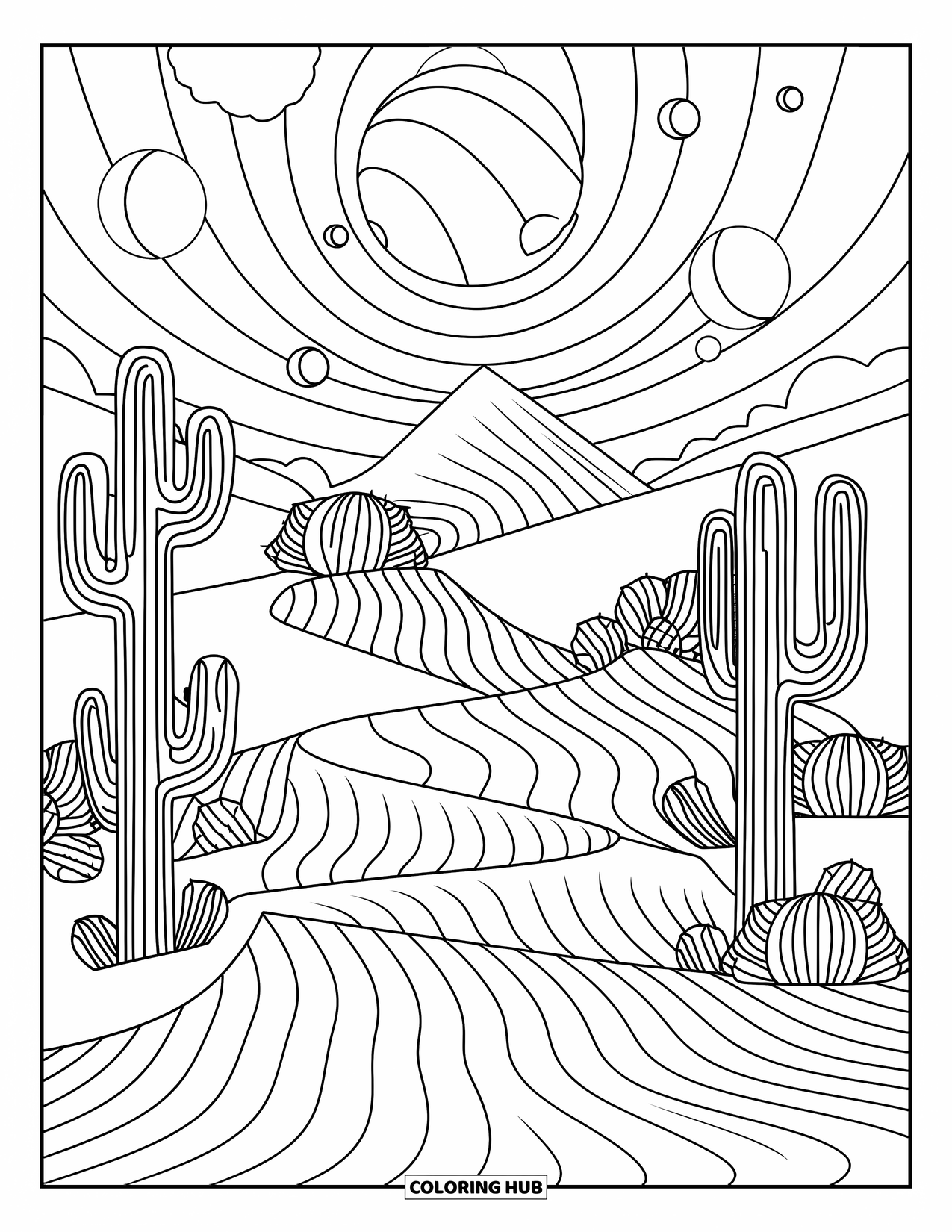 Trippy Coloring Page for Adults: Mirrored cacti and folding dunes stretch beneath a dreamy, moon-filled sky