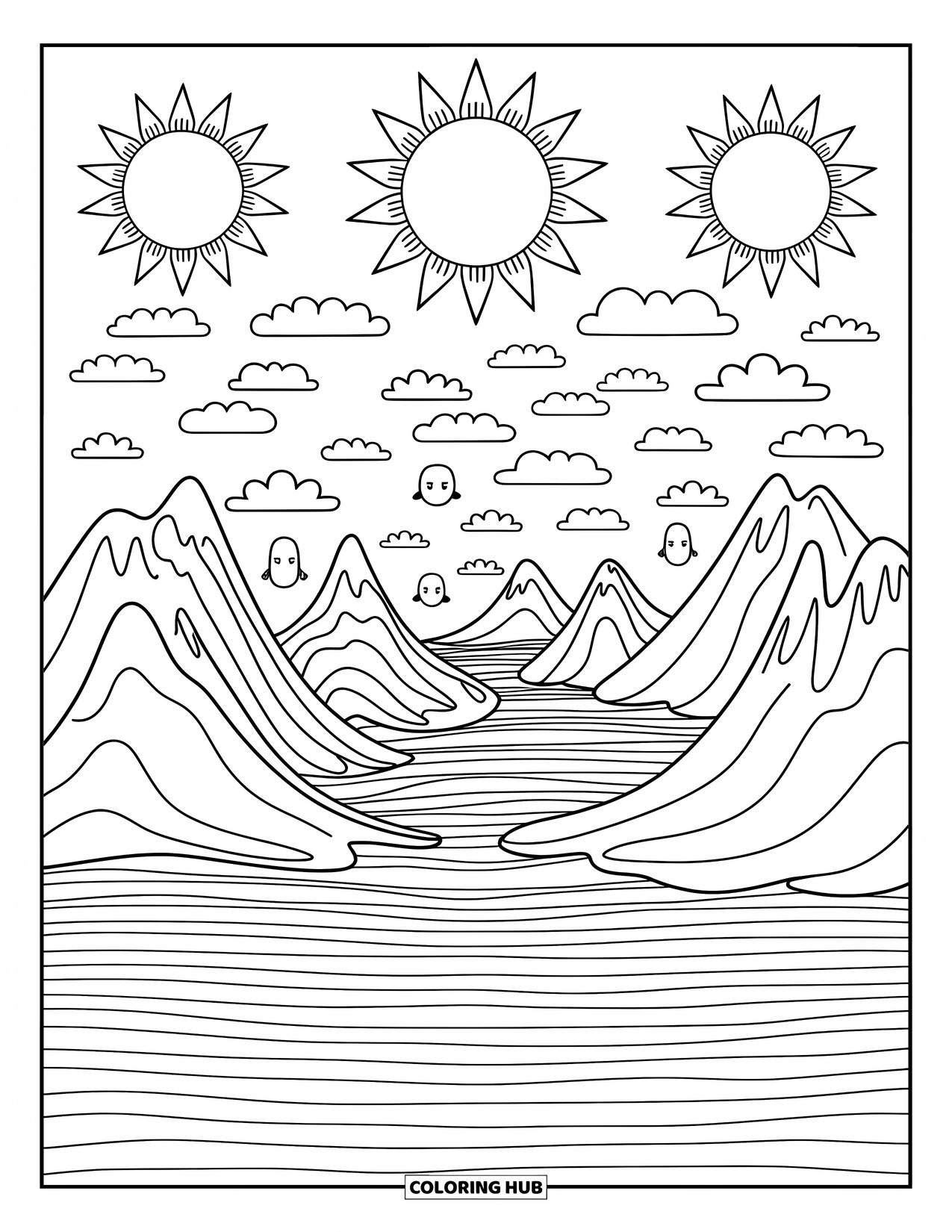 Trippy Coloring Page for Adults: Mountains dissolve, suns orbit, and clouds shift into faces and animals