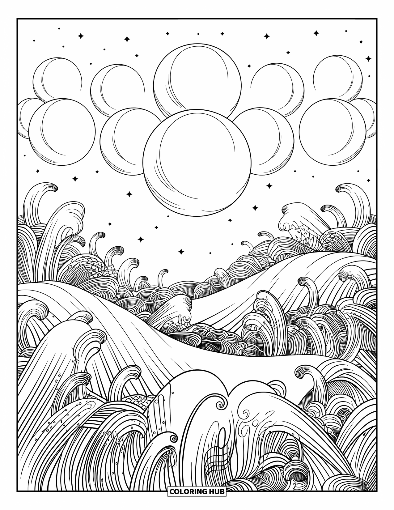 Trippy Coloring Page for Adults: Rolling hills and spiraled grasses glow under a sky full of moons
