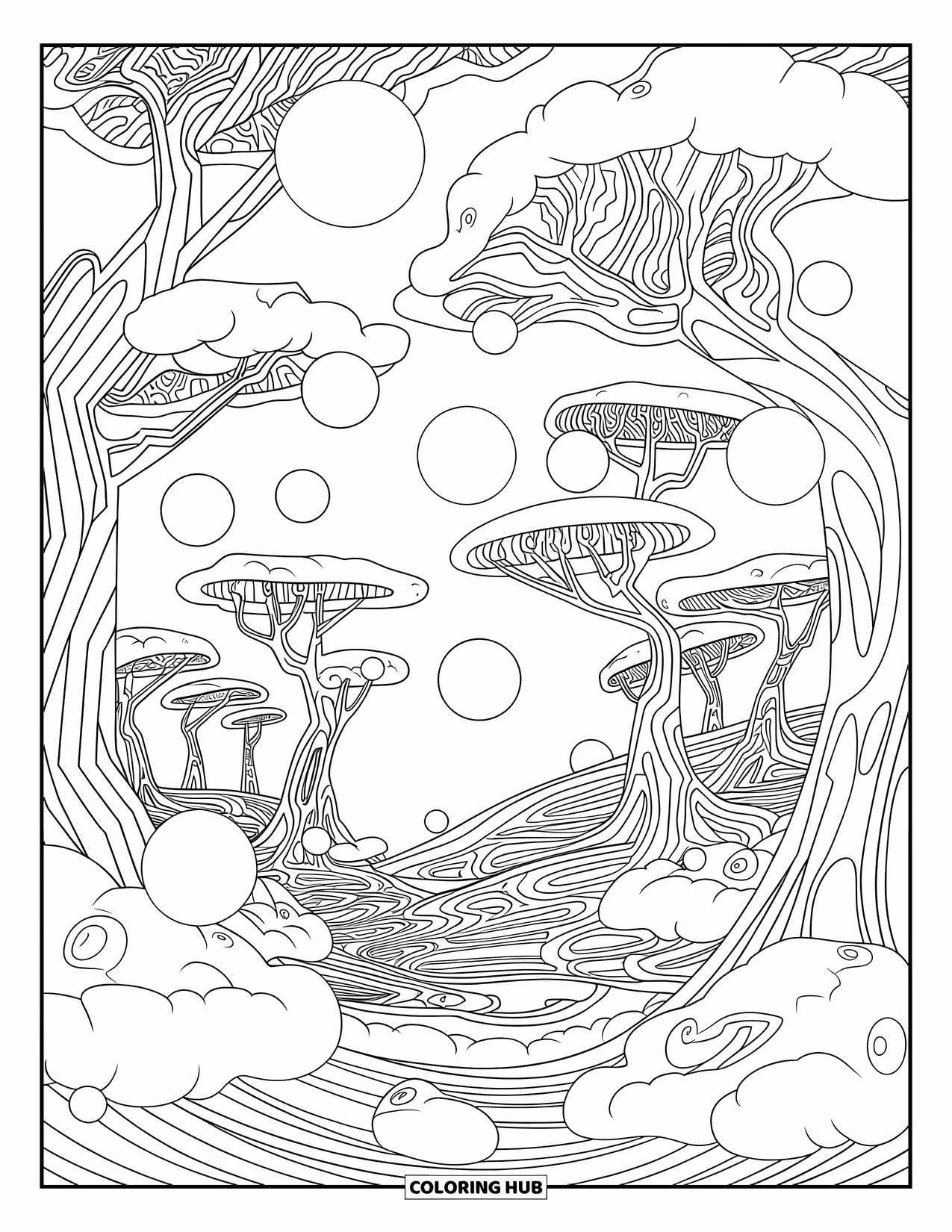Trippy Coloring Page for Adults: Spiraling trees and glowing orbs float through a dreamlike forest of echoing roots