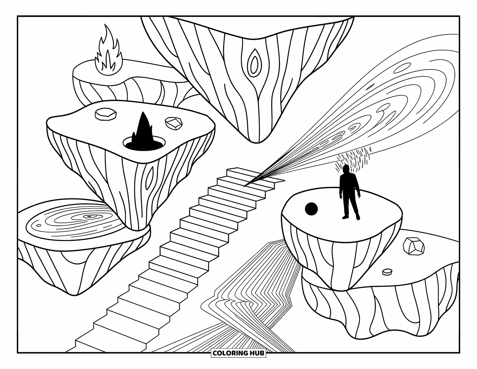 Trippy Coloring Page for Adults: Stairwells, fire-water orbs, and runes float on stacked islands in a surreal dream