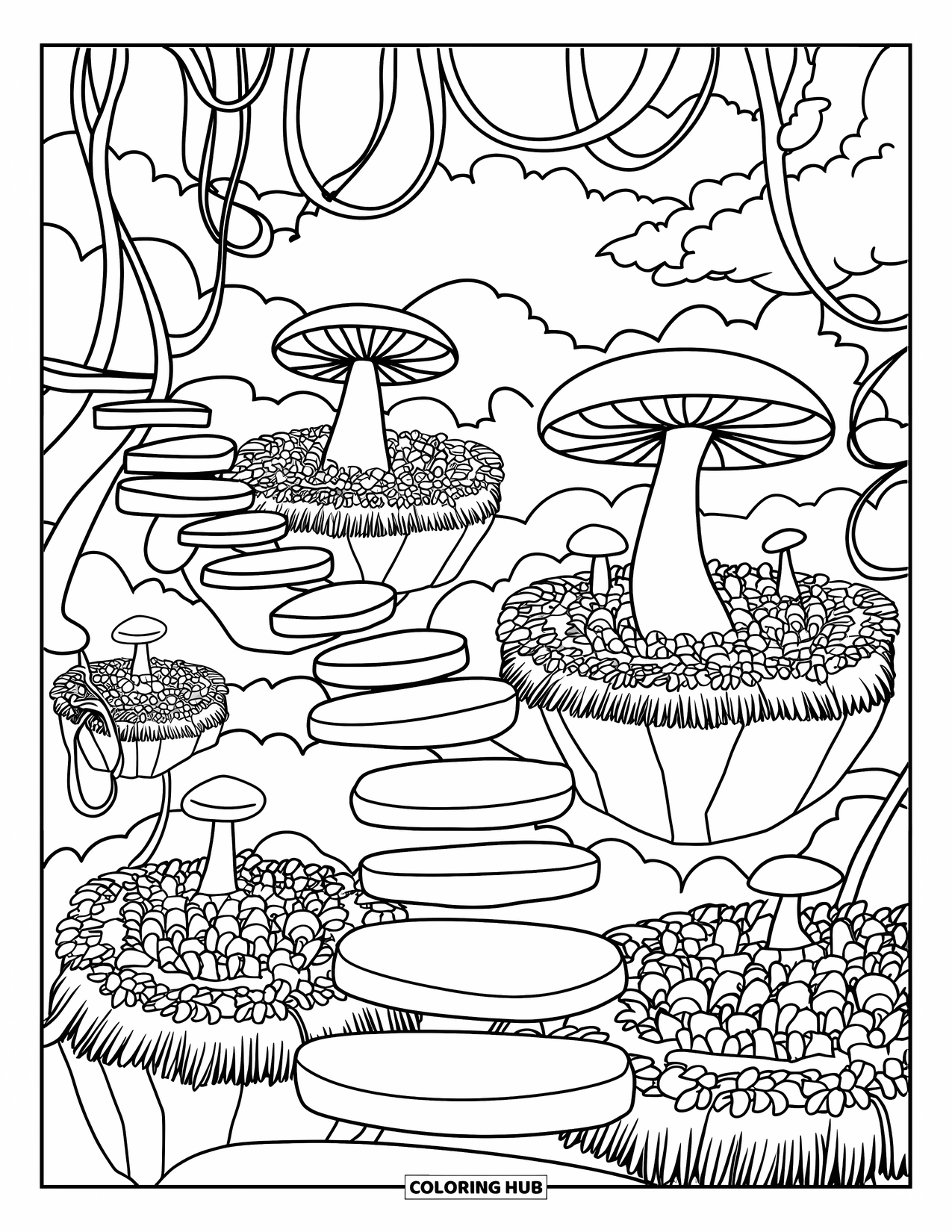 Trippy Coloring Page for Adults: Stone steps wind around mushrooms and stars in a magical sky garden