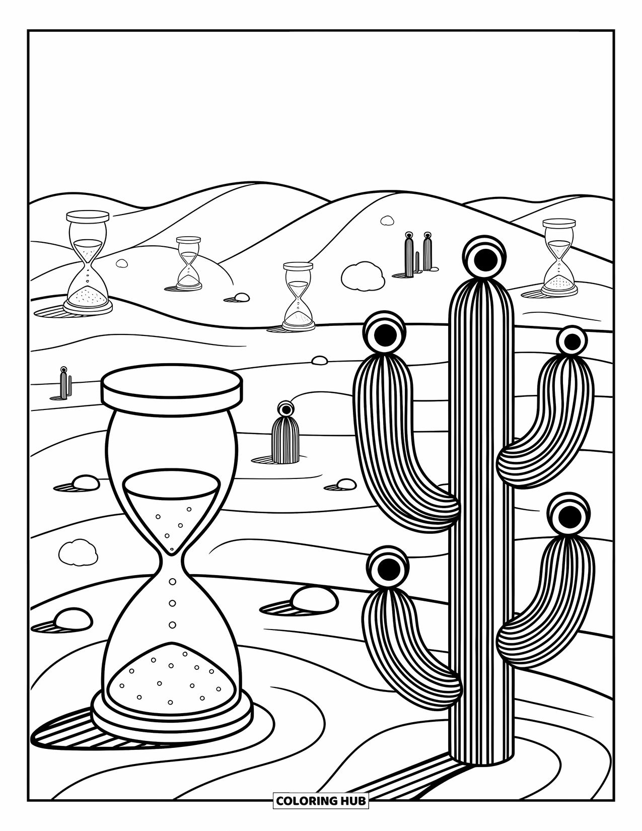 Trippy Coloring Page for Adults: Surreal dunes, spiral cacti, and melting clocks fill this endless desert scene